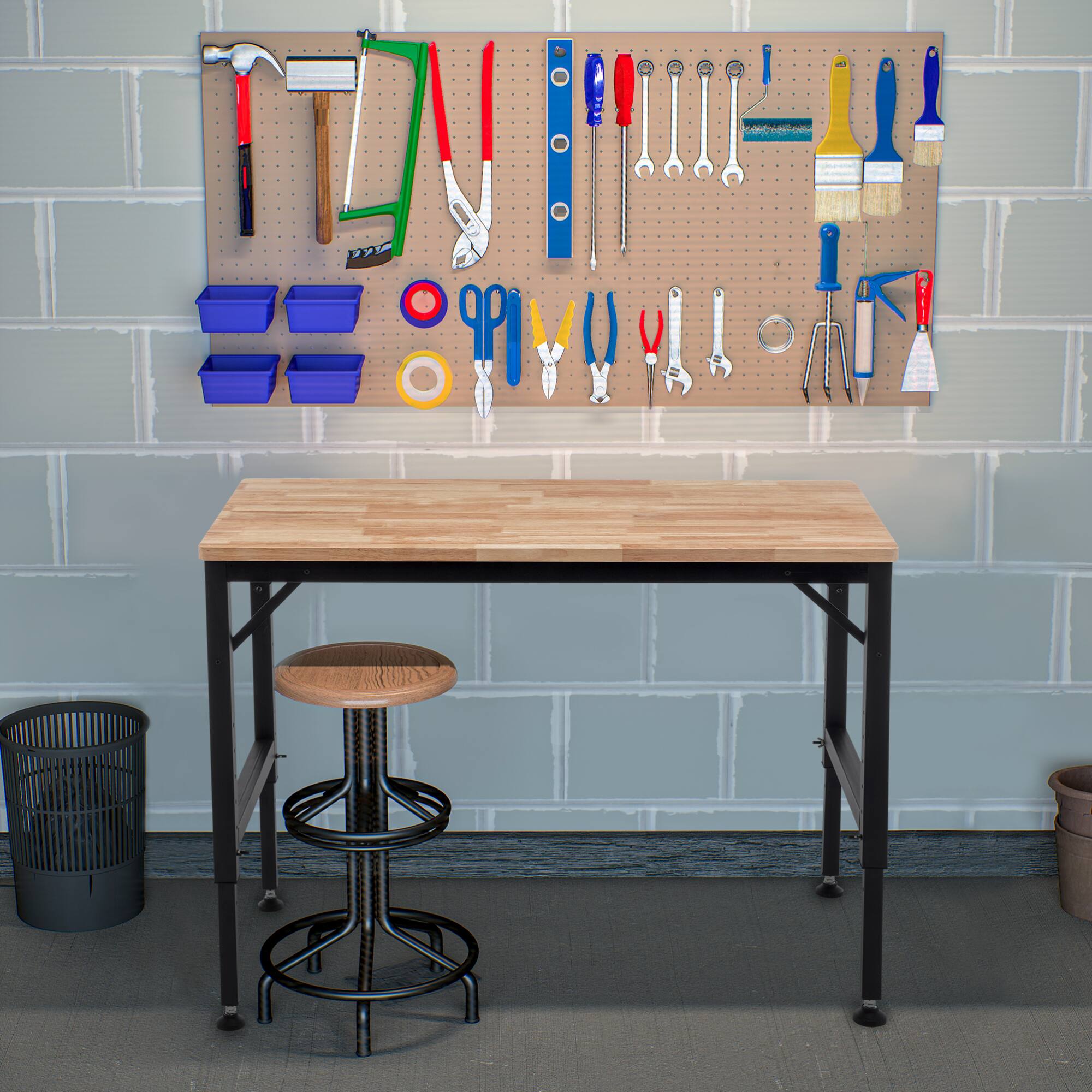 Alt View 4. GOODSILO - 48-Inch Heavy-Duty Adjustable Height Workbench with Rubber Wood Top and Steel Frame for Garage and Workshop Use - Black.