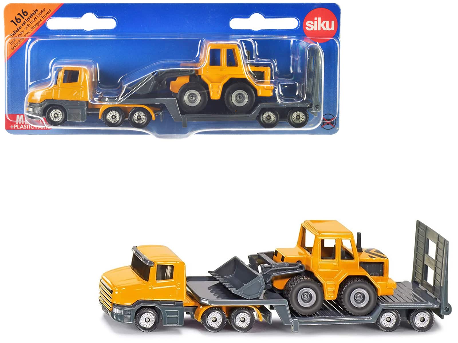 Truck with Low Loader Trailer and Front Loader Yellow Diecast