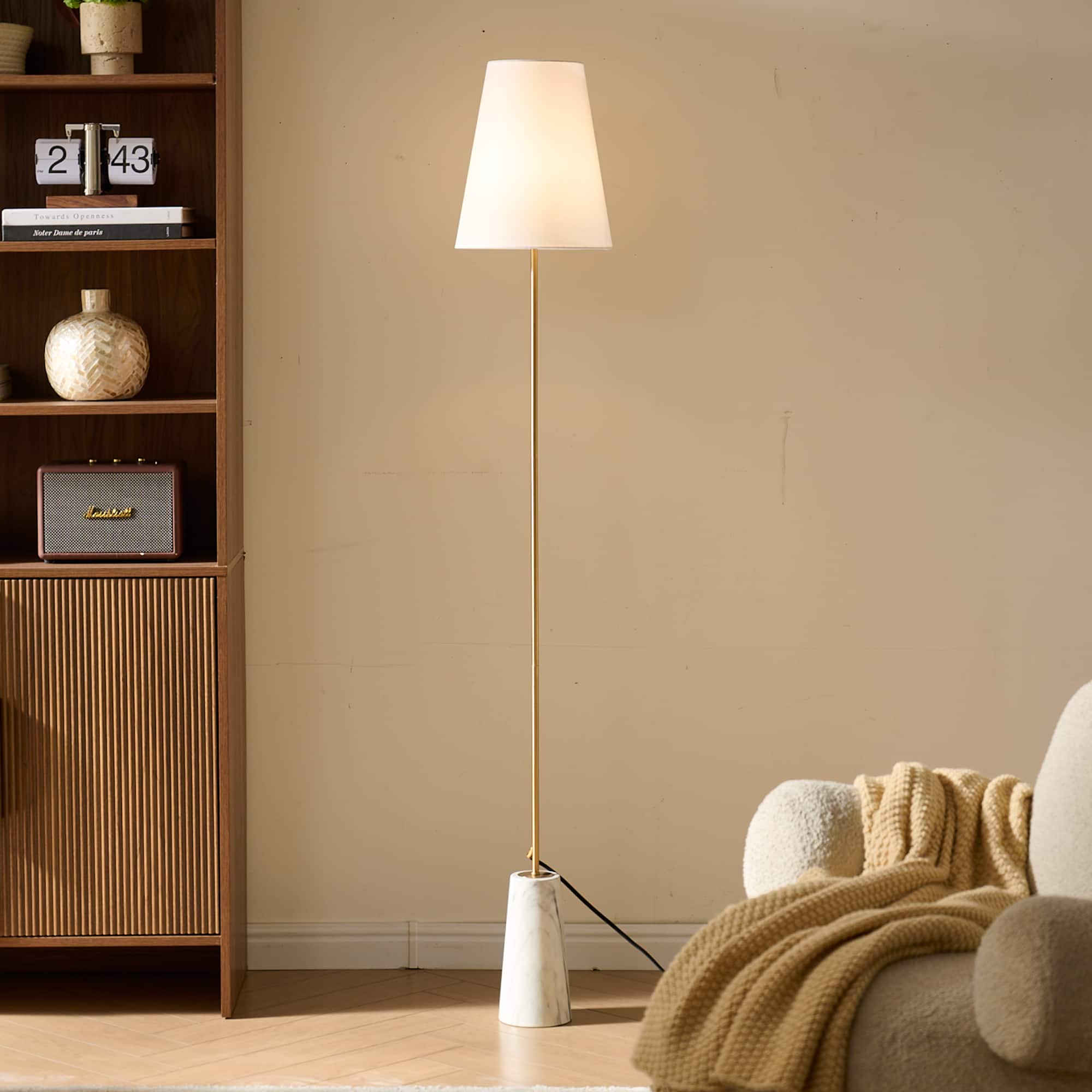 Kings Brand Furniture - Modern Tall Floor Lamp, Gold Marble Base, White Shade LED Light