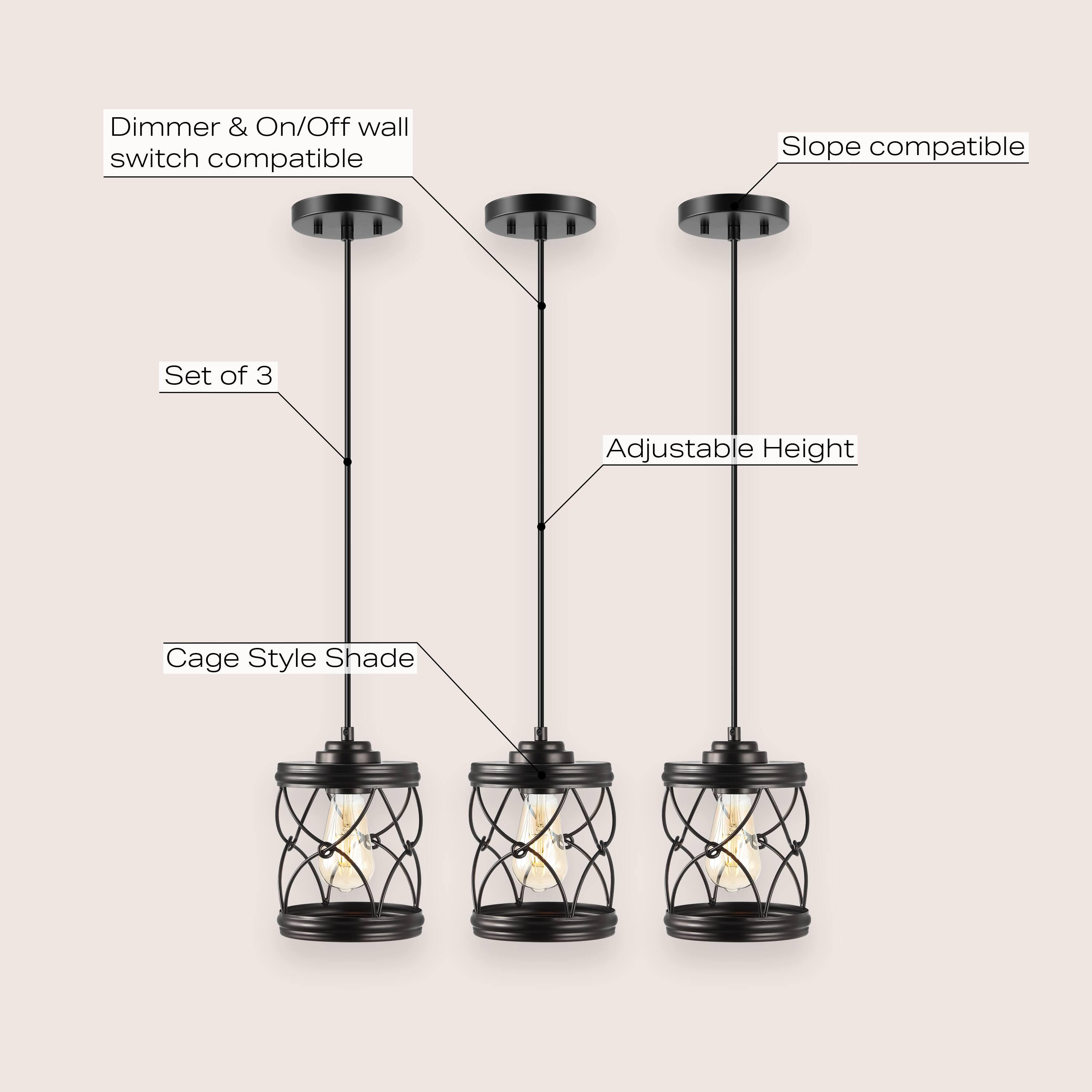 Dimmer & On/Off wall switch compatible  
Slope compatible  
Set of 3  
Adjustable Height  
Cage Style Shade