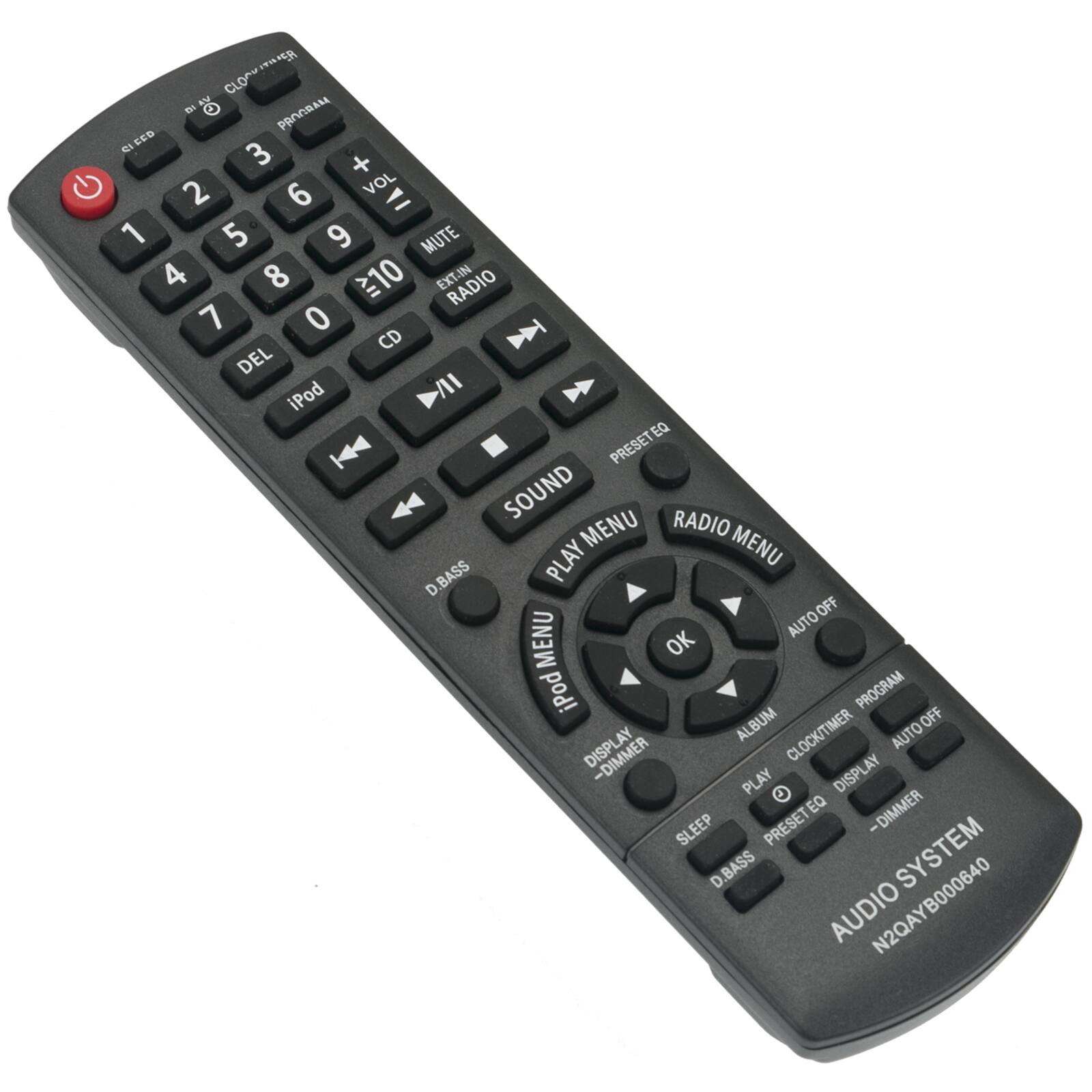 Sure, here is the corrected and grouped text from the image:

**Top Section:**
- CLOVER
- PROGRESS

**Number Pad:**
- 1 2 3
- 4 5 6
- 7 8 9
- 0

**Volume and Mute:**
- VOL +
- VOL -
- MUTE

**Media Controls:**
- EXT-IN
- RADIO
- CD
- iPod
- DEL
- PRESET EQ
- PLAY MENU
- RADIO MENU
- SOUND
- D.BASS

**Central Section:**
- OK
- MENU
- AUTO OFF
- PROGRAM
- ALBUM
- CLOCK/TIMER
- DISPLAY
- SLEEP
- D.BASS
- PRESET EQ
- DISPLAY - DIMMER
- SLEEP
- D.BASS
- SYSTEM

**Bottom Section:**
- AUDIO SYSTEM
- N2QAYB000640