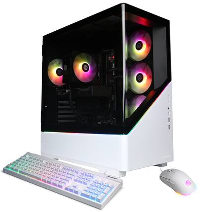 The image features a white computer tower with a keyboard and mouse sitting in front of it. The computer tower has a rainbow light on the side, adding a colorful touch to the setup. The keyboard and mouse are placed neatly next to the tower, ready for use.