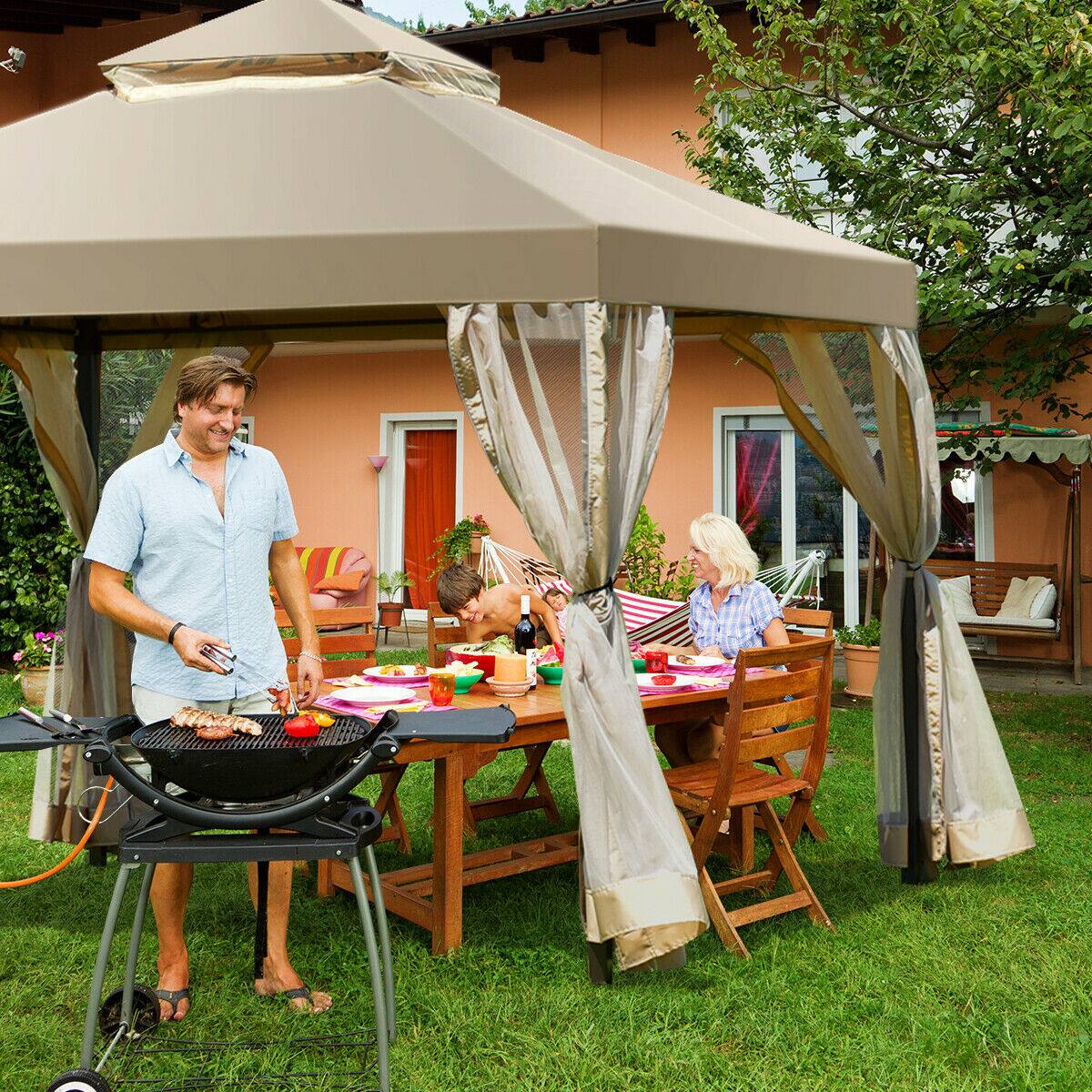 Alt View 2. Costway - Costway Outdoor 2-Tier 10'x10' Gazebo Canopy Shelter Awning Tent Patio Garden Screw-free structure - Brown.