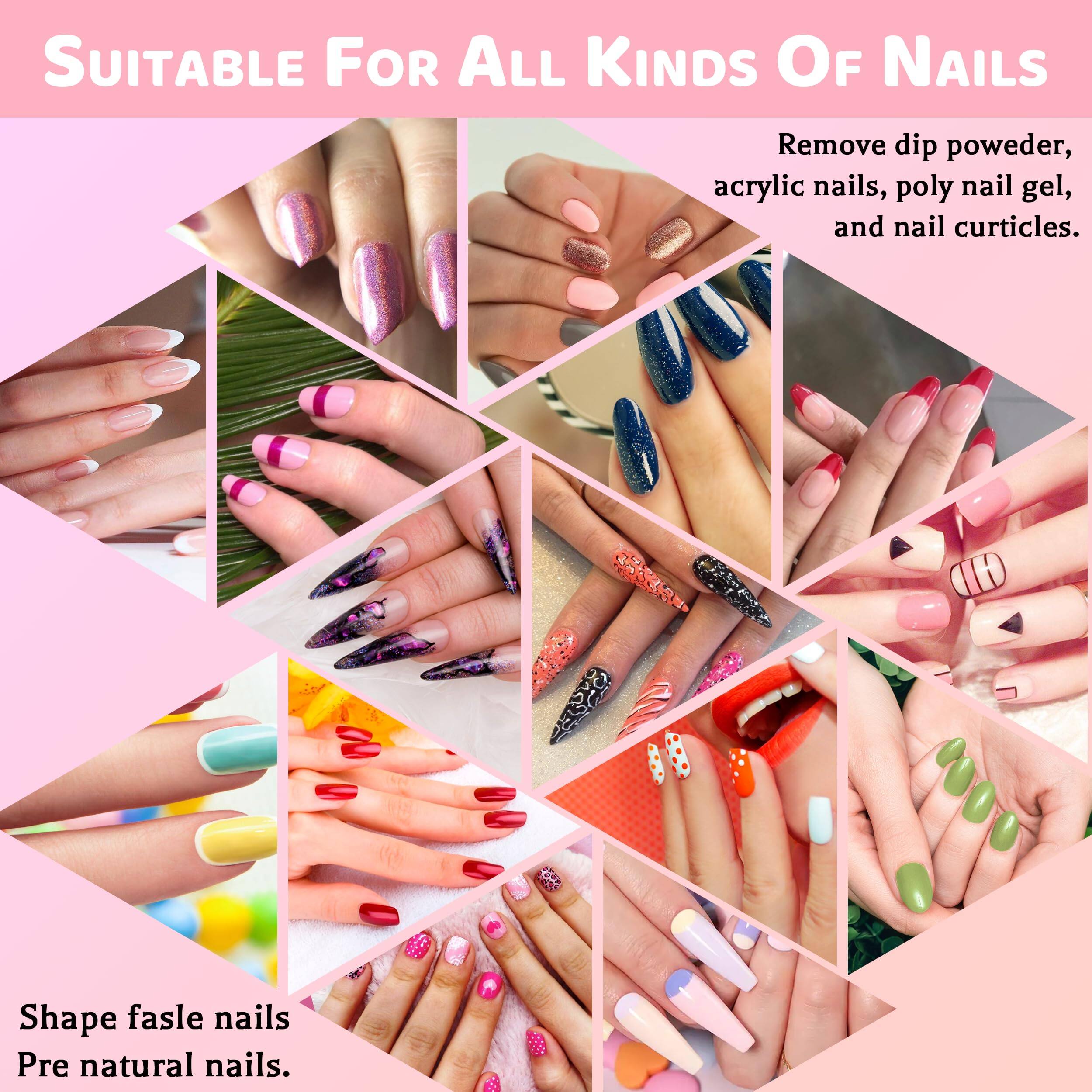 SUITABLE FOR ALL KINDS OF NAILS

Remove dip powder, acrylic nails, poly nail gel, and nail cuticles.

Shape false nails Pre natural nails.