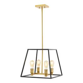 Jonathan Y - Lloyd 15" 4-Light Farmhouse Industrial Iron LED Pendant - Black/Brass Gold
