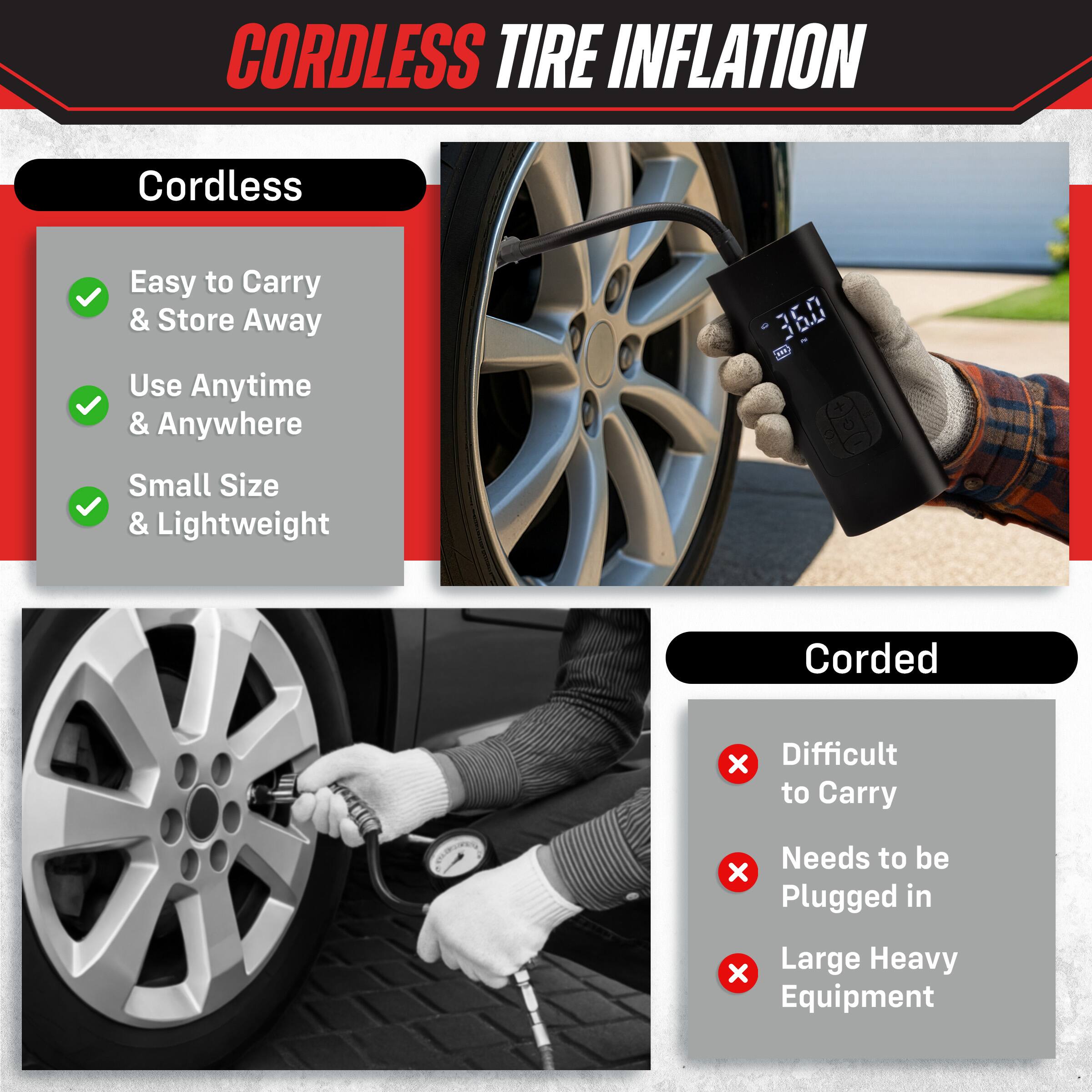 CORDLESS TIRE INFLATION

Cordless
- Easy to Carry & Store Away
- Use Anytime & Anywhere
- Small Size & Lightweight

Corded
- Difficult to Carry
- Needs to be Plugged in
- Large Heavy Equipment