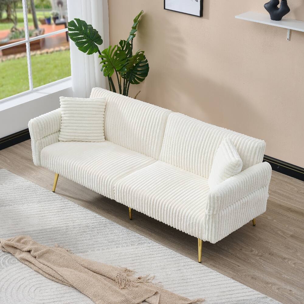 Angle. Loheer - Loheer 79 Inch Corduroy Sofa Bed Foldable Double Sleeper Sofa with Adjustable Armrests for Small Spaces - White.