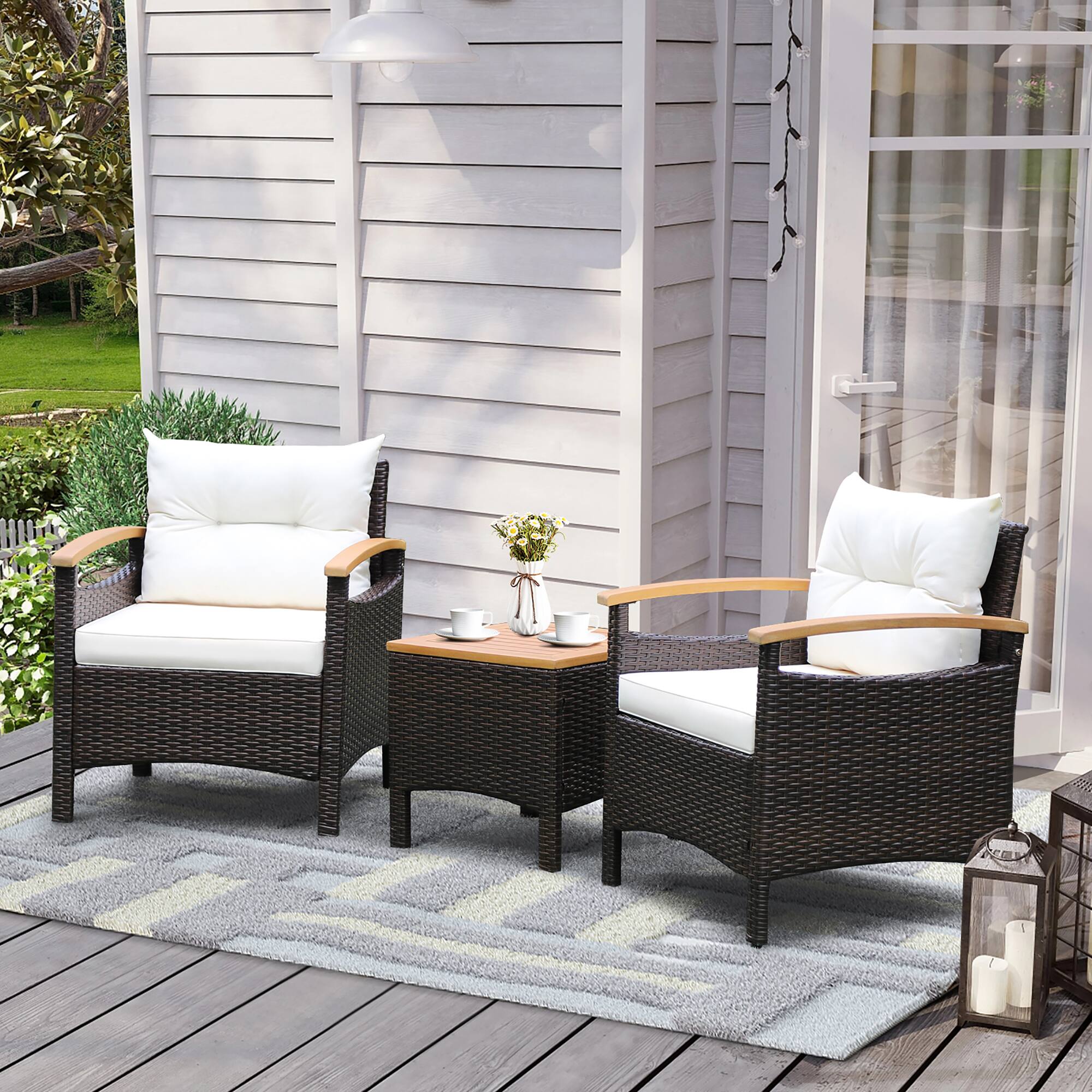 Alt View 1. Costway - Costway 3PCS Patio Rattan Furniture Set Wooden Armrest Table Top Cushioned Deck - Mix Brown,Off White.