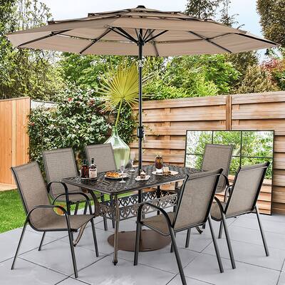 6 person patio dining set with umbrella Costway 6-Person Acacia Wood Outdoor Table 2 Inch Kitchen Oasis this outdoor patio table is ideal for family gatherings Umbrella Chair Patio Set MF
