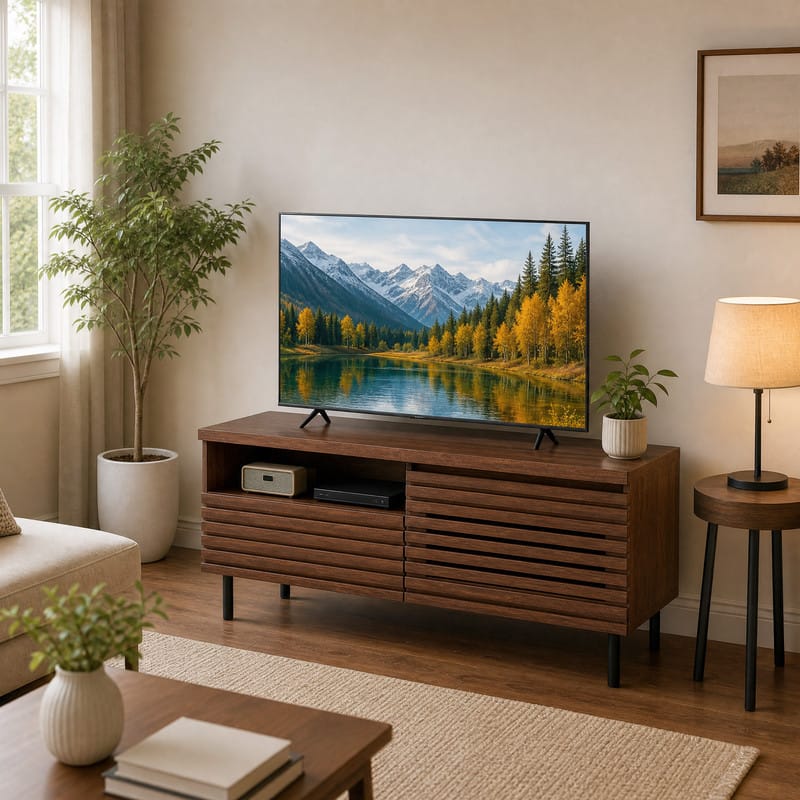 WELLFOR - Mid Century Modern TV Stand for 40" TVs, Fluted Entertainment Center with Open Compartment and Metal Legs - Walnut