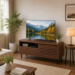 WELLFOR - Mid Century Modern TV Stand for 40" TVs, Fluted Entertainment Center with Open Compartment and Metal Legs - Walnut