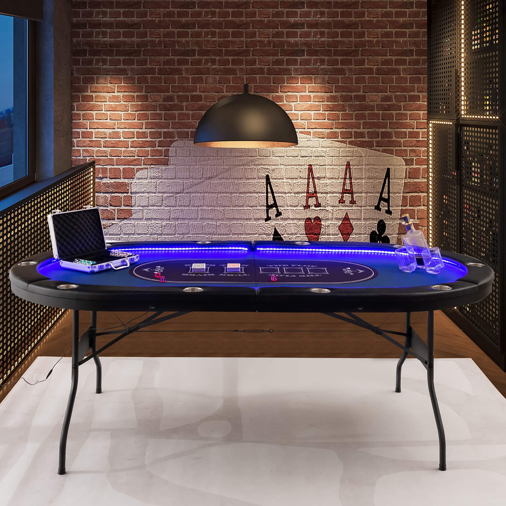 Costway Foldable 10 Player Poker Table Casino Texas Holdem W/ LED