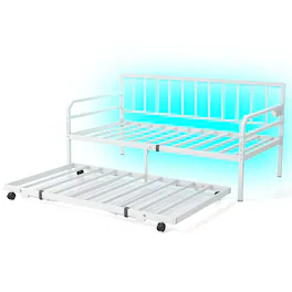 Costway - Twin Size Daybed with Pop-up Trundle Charging Station & LED Lights for Living Room - White