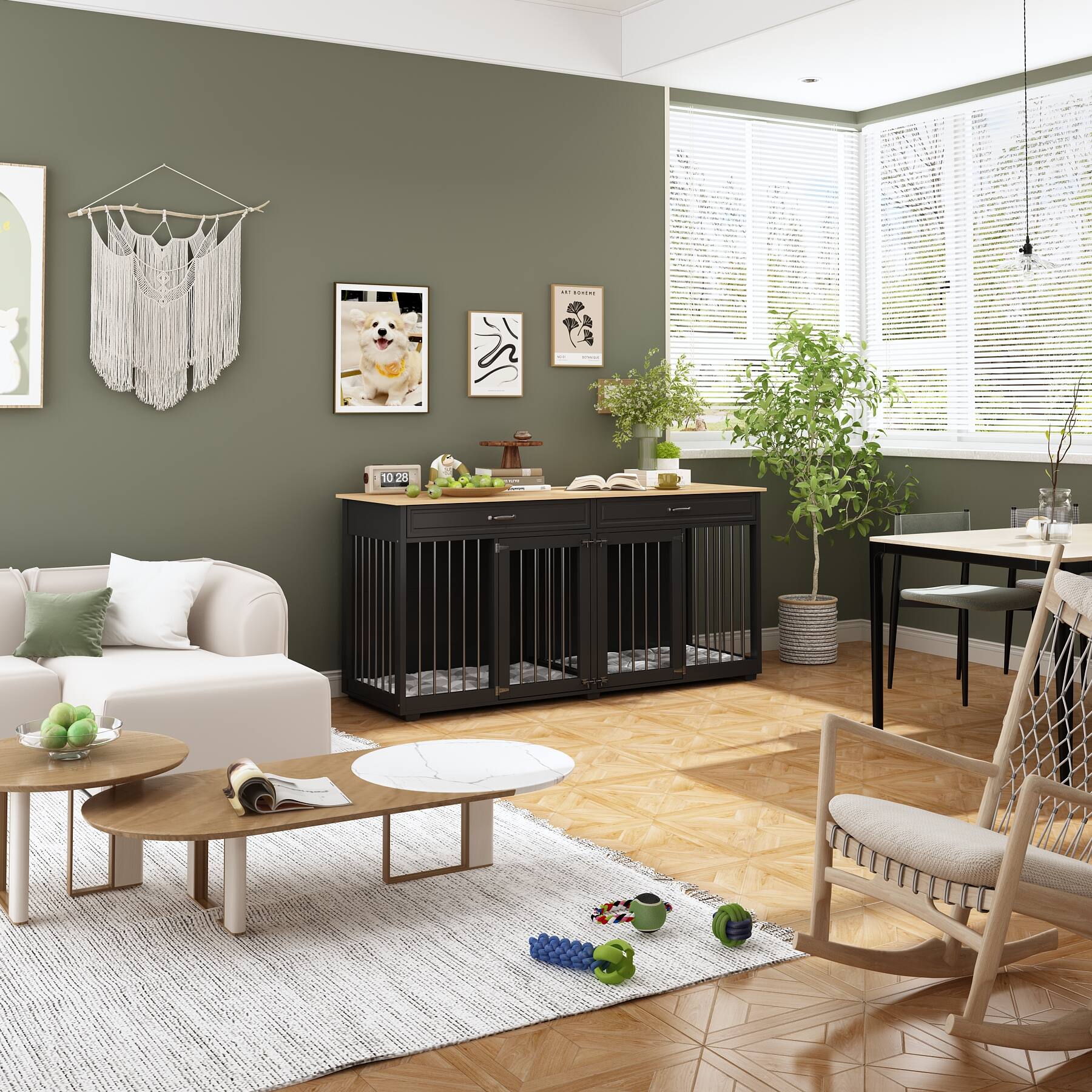 Alt View 7. FUFU & GAGA - Dual Compartment Dog Cage Furniture - Removable Divider & Hidden Storage Drawers.