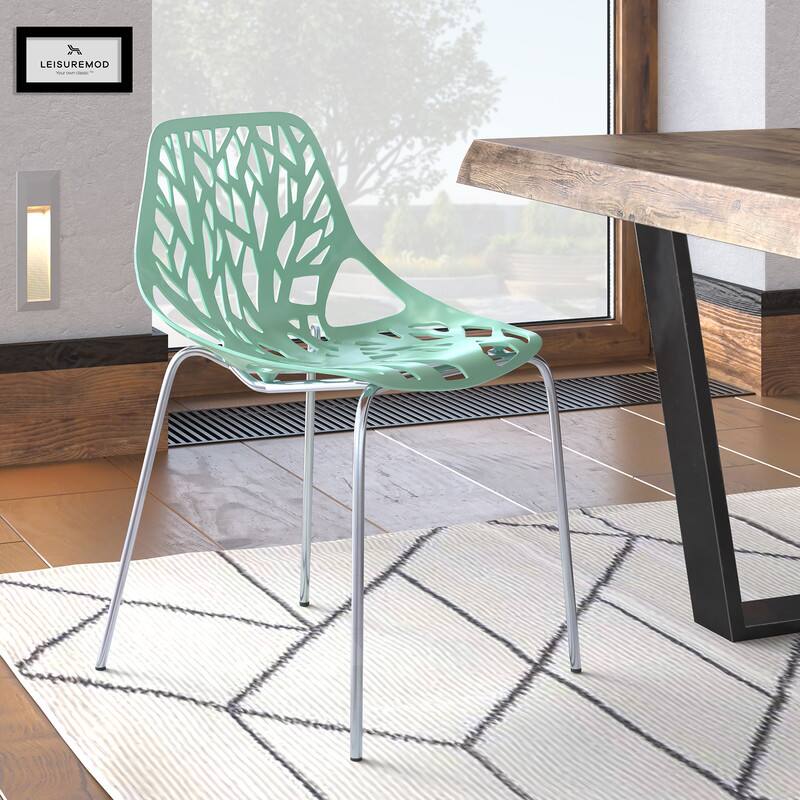 Angle. LeisureMod - Asbury Stackable Modern Dining Chair with Cut Out Design and Chrome Legs Side Chair for Home Living Room - Mint.