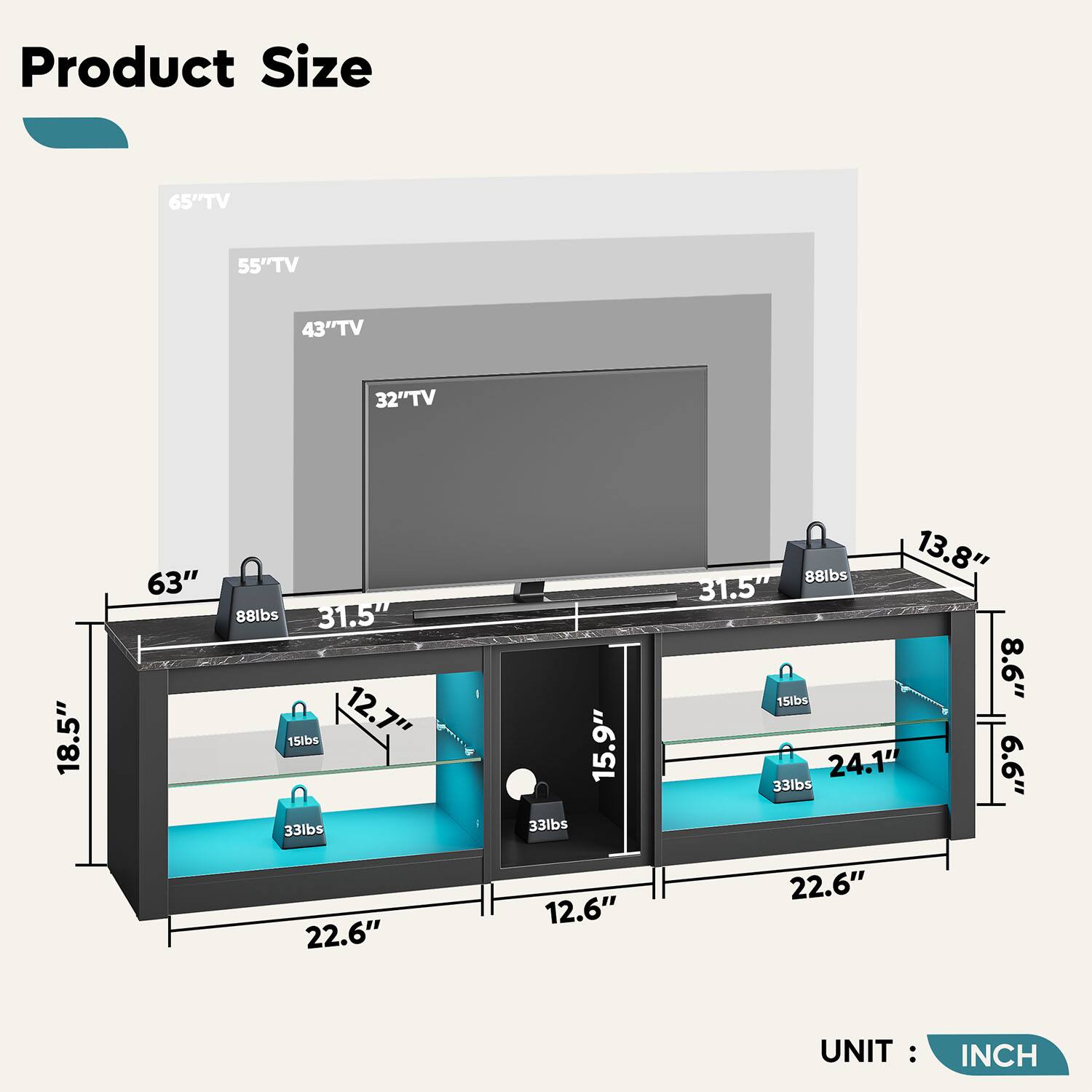 Product Size

- 65" TV: 63" x 31.5" x 18.5"
- 55" TV: 63" x 31.5" x 13.8"
- 43" TV: 55.9" x 24.1" x 15.9"
- 32" TV: 33" x 12.7" x 15.9"
- 18.5" TV: 33" x 12.6" x 8.6"

Weights:
- 88 lbs
- 33 lbs
- 15 lbs

UNIT: INCH