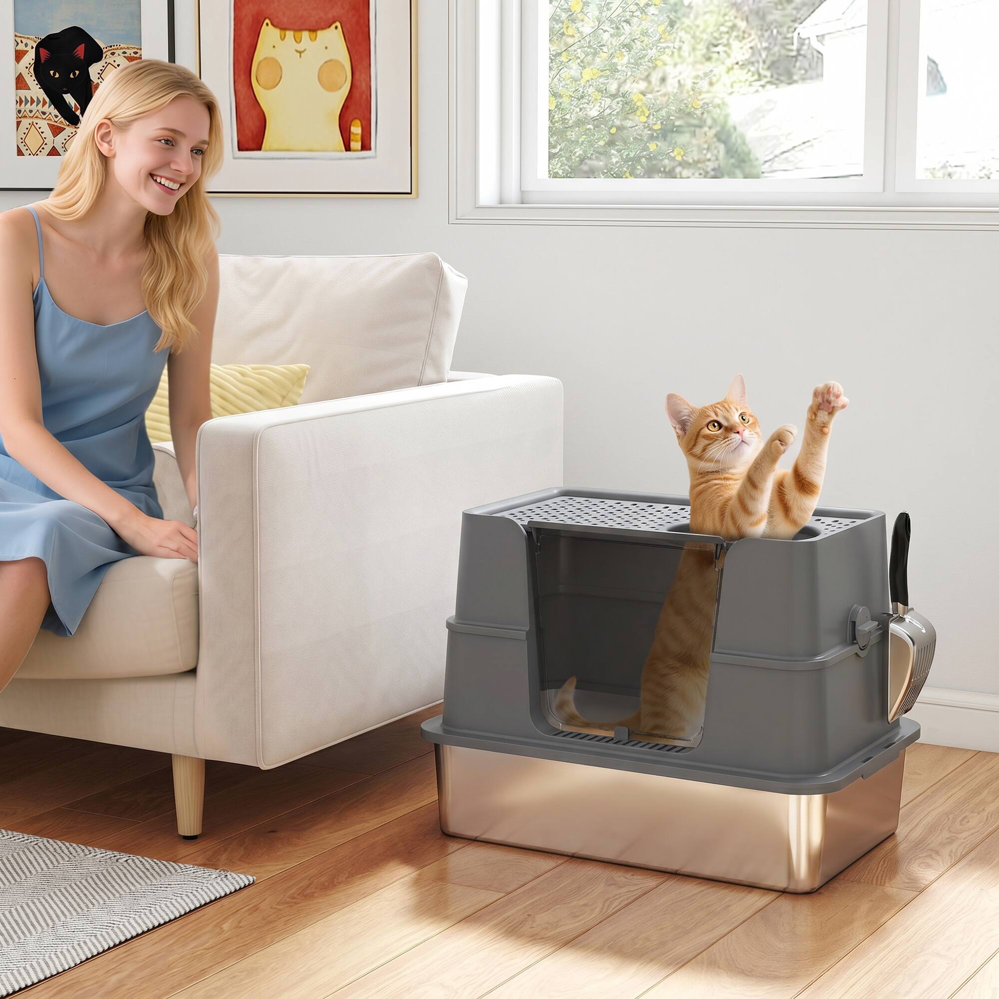 Alt View 1. Pawhut - Stainless Steel Litter Box w/ 100° Flip Top, Scoop - Dark Gray.