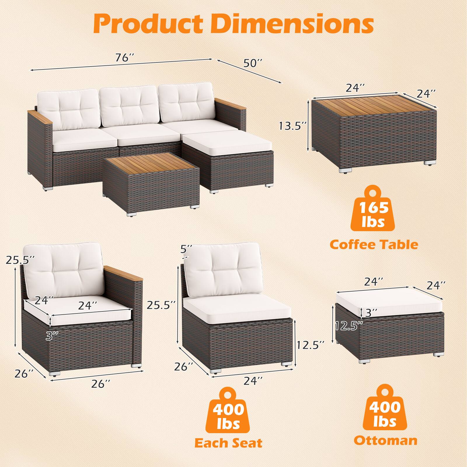 Product Dimensions

- Sofa: 76" x 50" x 13.5"
- Coffee Table: 24" x 24" x 13.5"
- Each Seat: 25.5" x 24" x 26" x 26" x 26" x 24"
- Ottoman: 24" x 24" x 12.5"

Weights:
- Coffee Table: 165 lbs
- Each Seat: 400 lbs
- Ottoman: 400 lbs