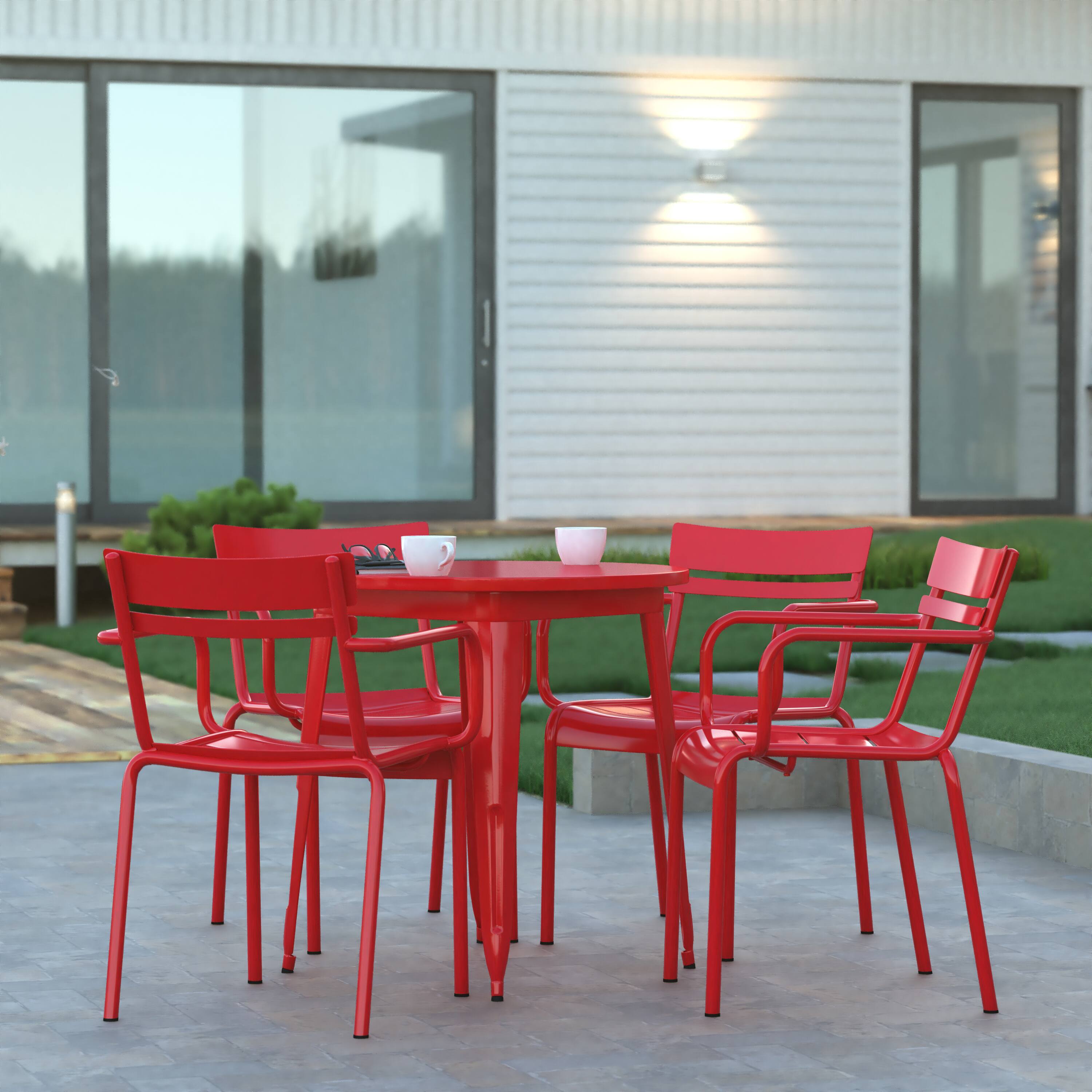 Alt View 5. Emma + Oliver - Rennes Powder Coated Steel Stacking Dining Chair with Arms and 2 Slat Back for Indoor-Outdoor Use - Red.