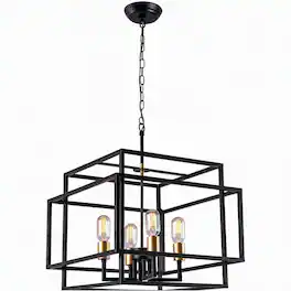 RYHNUYNE - Square 4-Light Chandelier with Black and Gold Accents, Adjustable Chain for Sloped or Flat Ceilings, Ideal