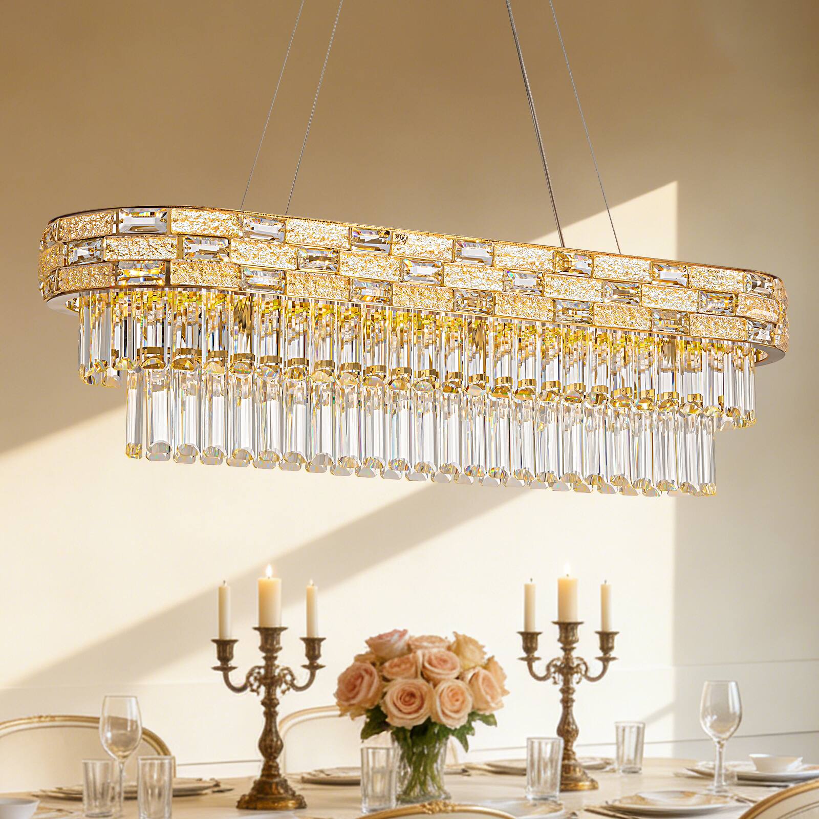Alt View 2. Siljoy - 47.2" Gold 5-Tier Crystal Chandelier Large Rectangular Dimmable LED Pendant Light for Dining Room Kitchen Island - Gold.