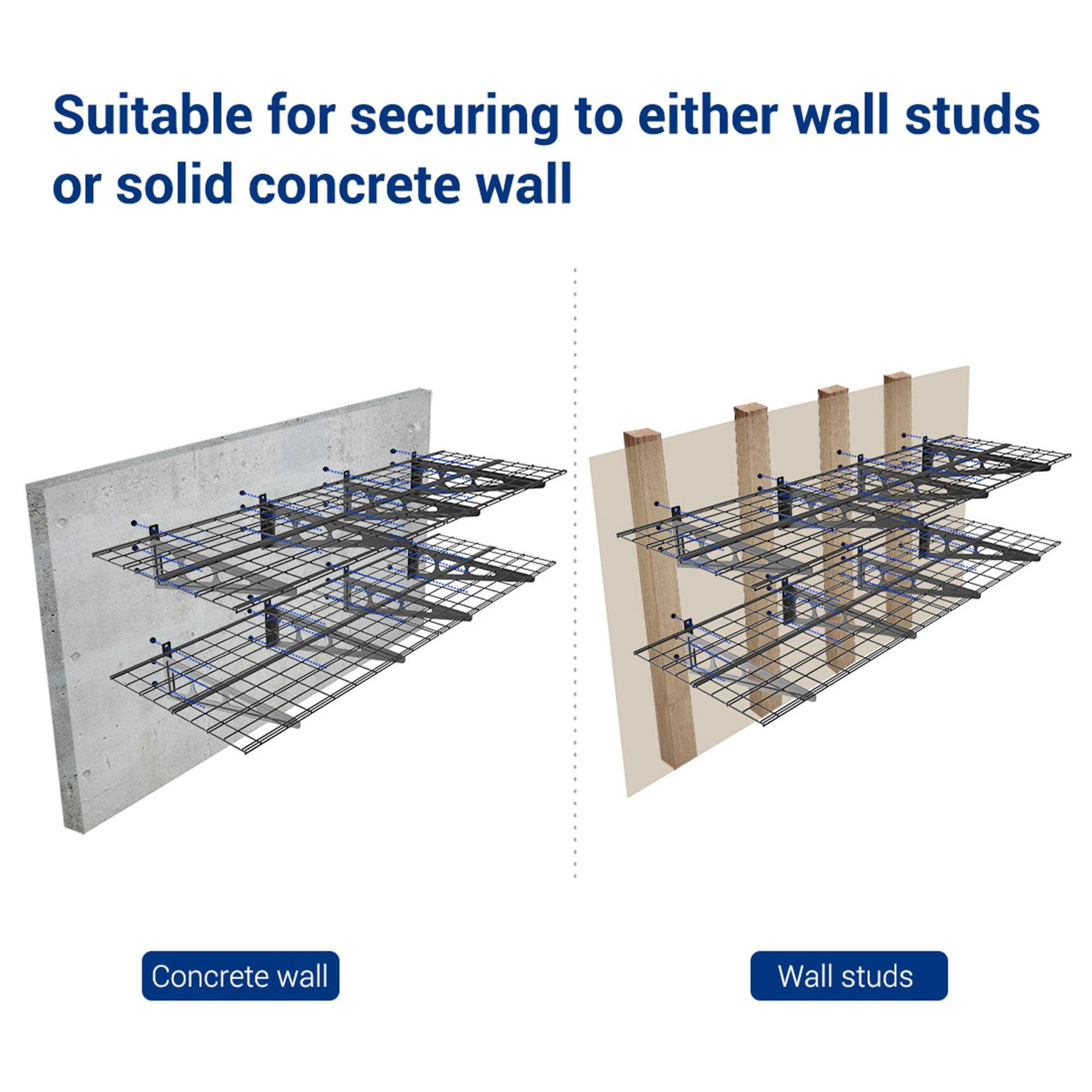 Suitable for securing to either wall studs or solid concrete wall

Concrete wall

Wall studs