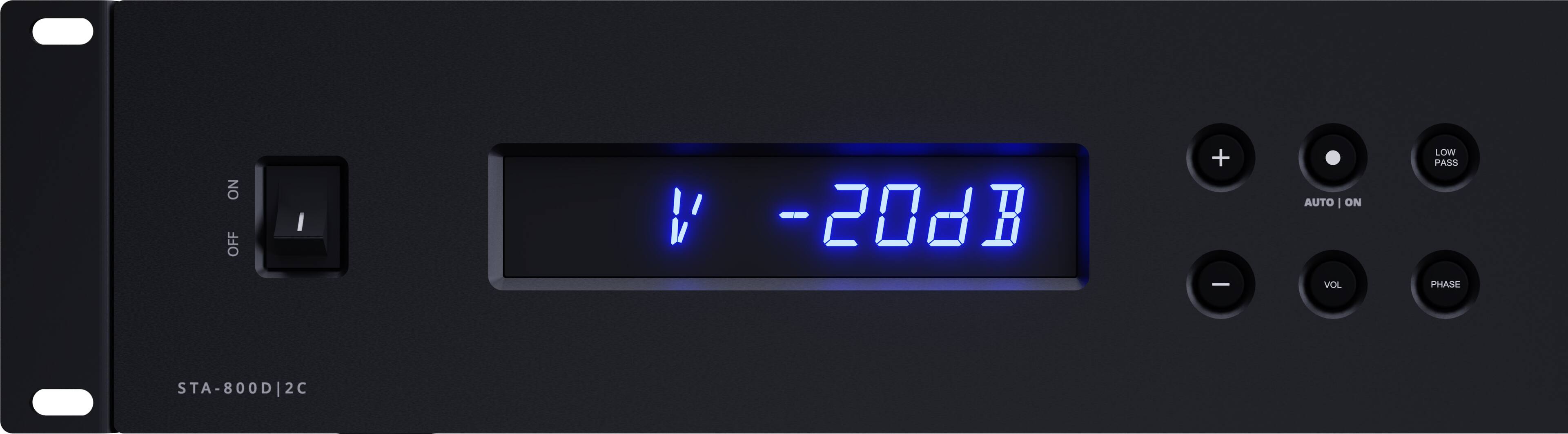 The text on the image reads: "NO OFF I W' -2083 + - AUTO | ON VOL LOW PASS PHASE STA-800D D 2C." This text is likely a description or settings for an electronic device. The text can be grouped as follows:

1. "NO OFF I W' -2083 + - AUTO": This part of the text might be related to the device's power settings or modes.
2. "ON VOL LOW PASS PHASE": This part of the text could be related to the device's volume, pass, and phase settings.
3. "STA-800D D 2C": This part of the text might be related to the device's model or brand.