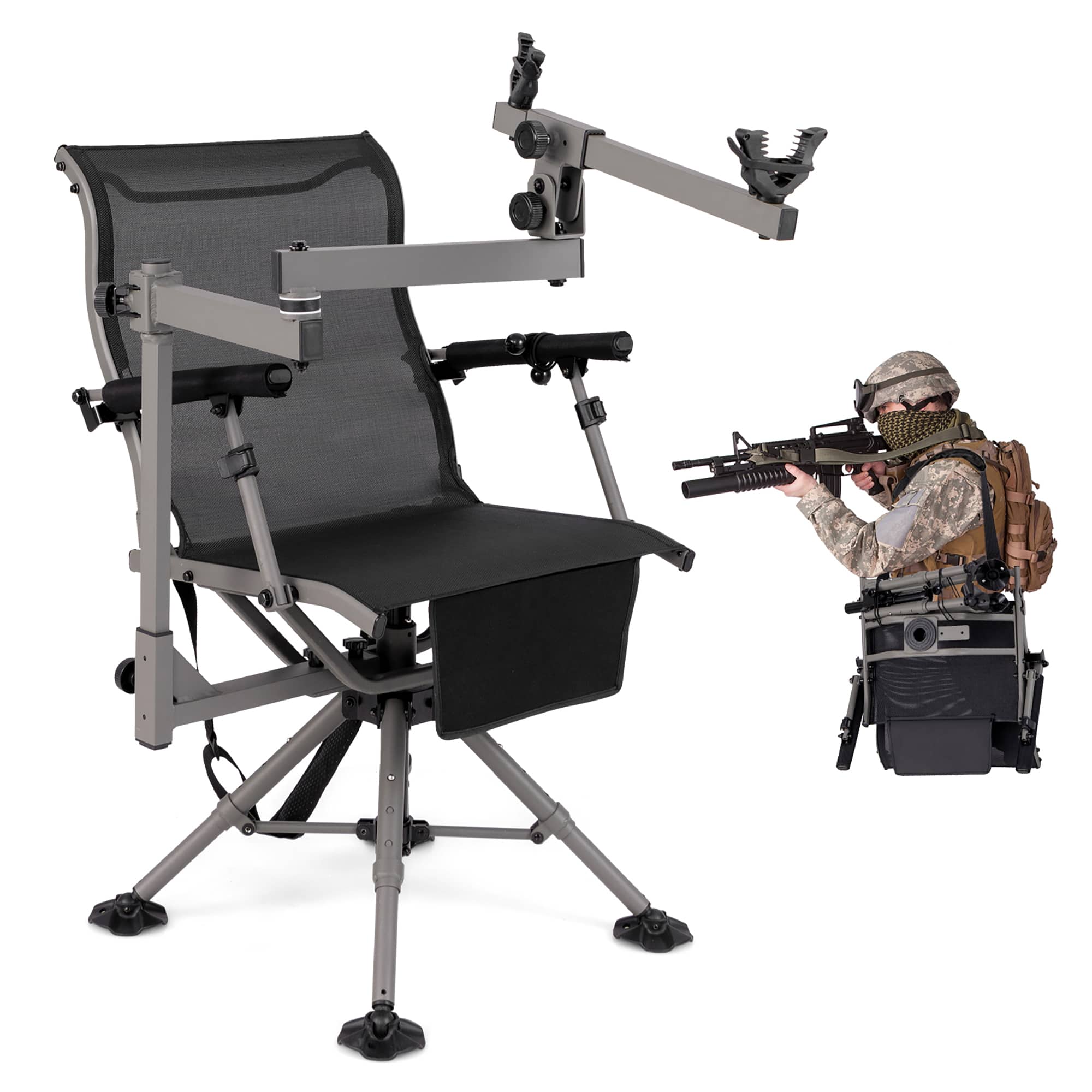 Gymax - Portable Hunting Chair w/360° Swivel Adjustable Legs & Armrests Gun Holder - Black, Grey