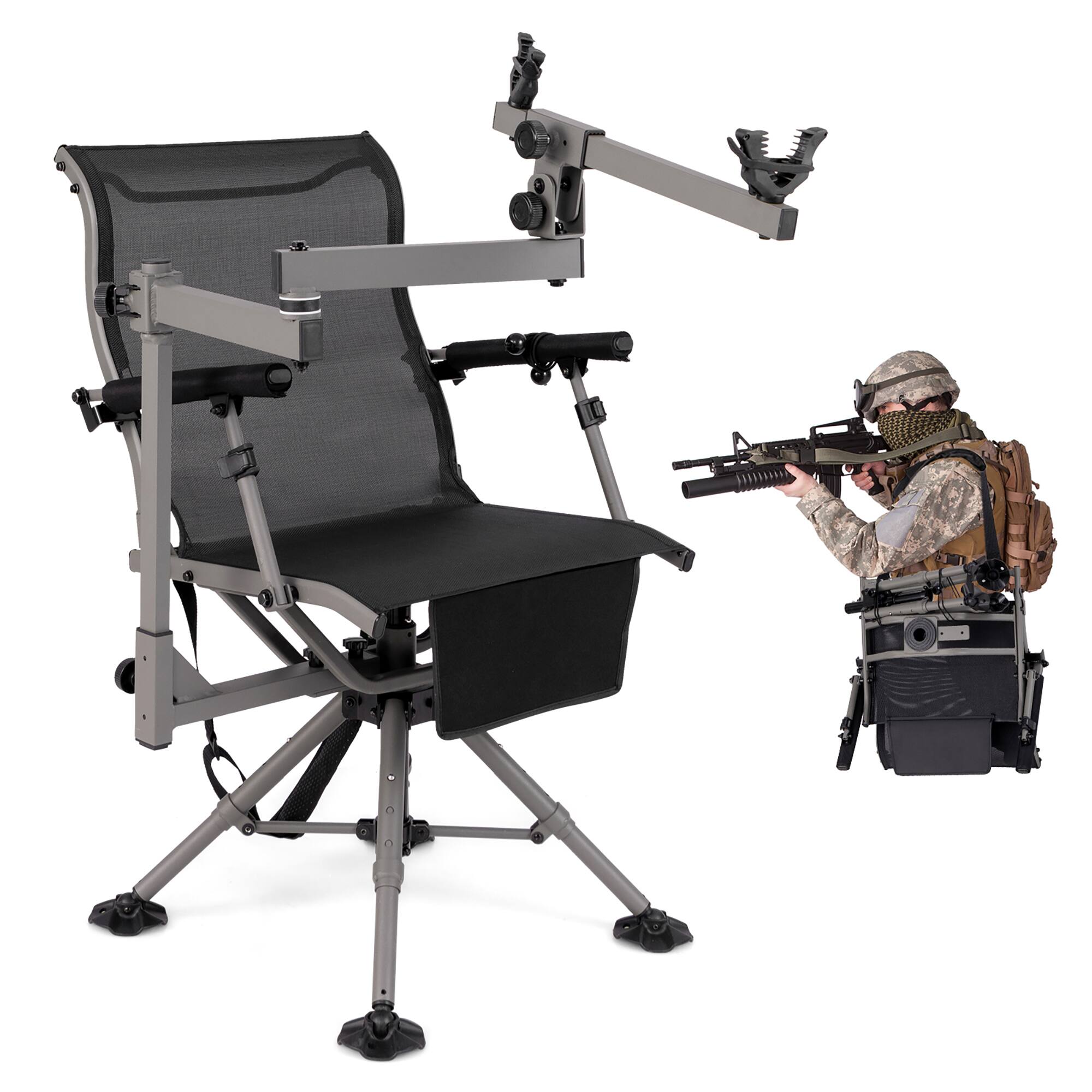 Front. Gymax - Gymax Portable Hunting Chair w/360° Swivel Adjustable Legs & Armrests Gun Holder - Black, Grey.