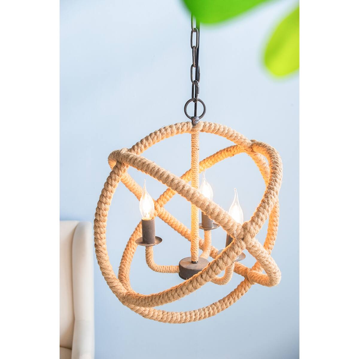 Alt View 4. Loheer - Loheer 3 Light Farmhouse Chandelier, Jute Rope Globe Fixture with Adjustable Chain, Beige Brown.
