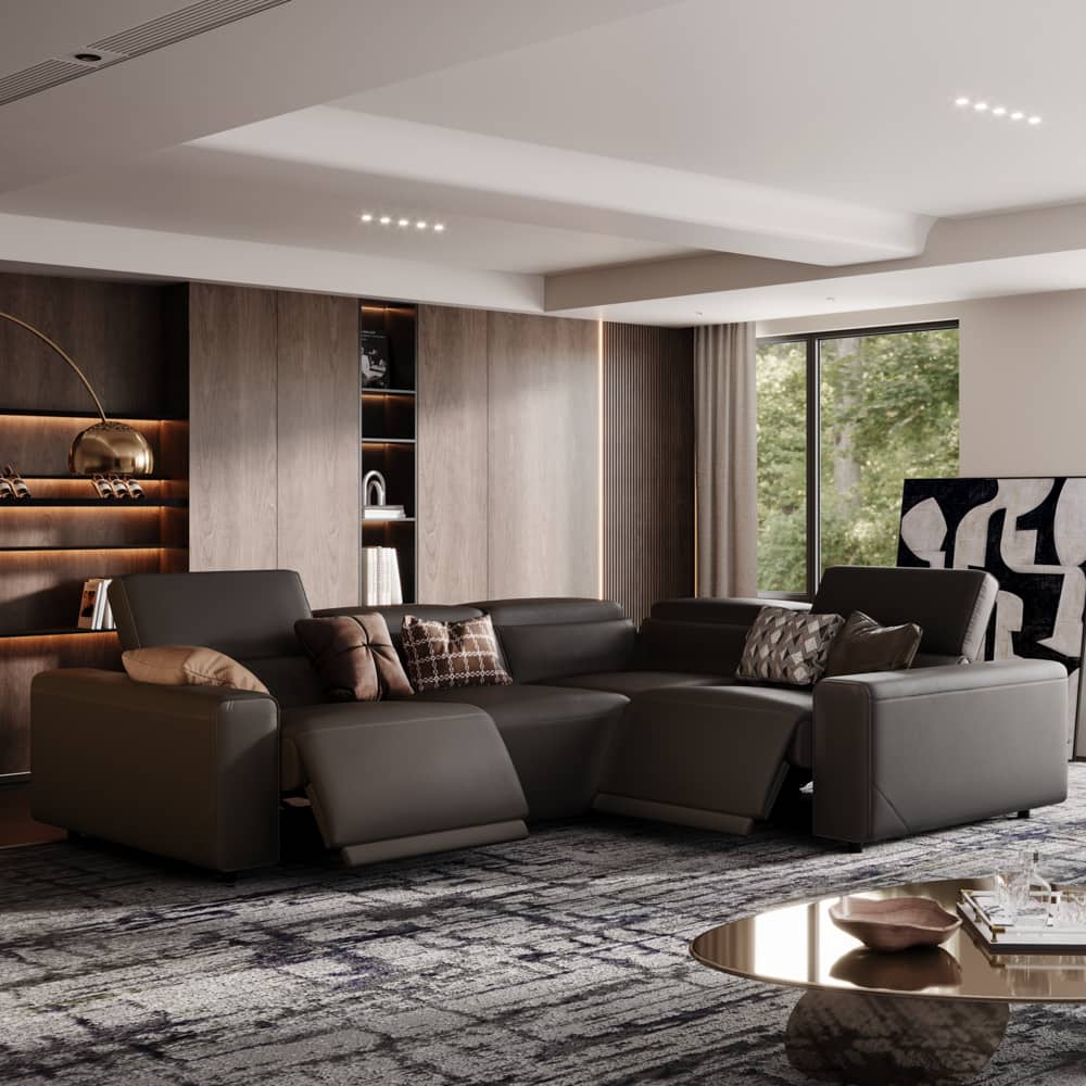 POVISON - 111.02"Power Corner Sofa L-shaped Electric Reclining Couch, 2 Extendable Recliners, USB Charging, Khaki - Black Sustainable Leather