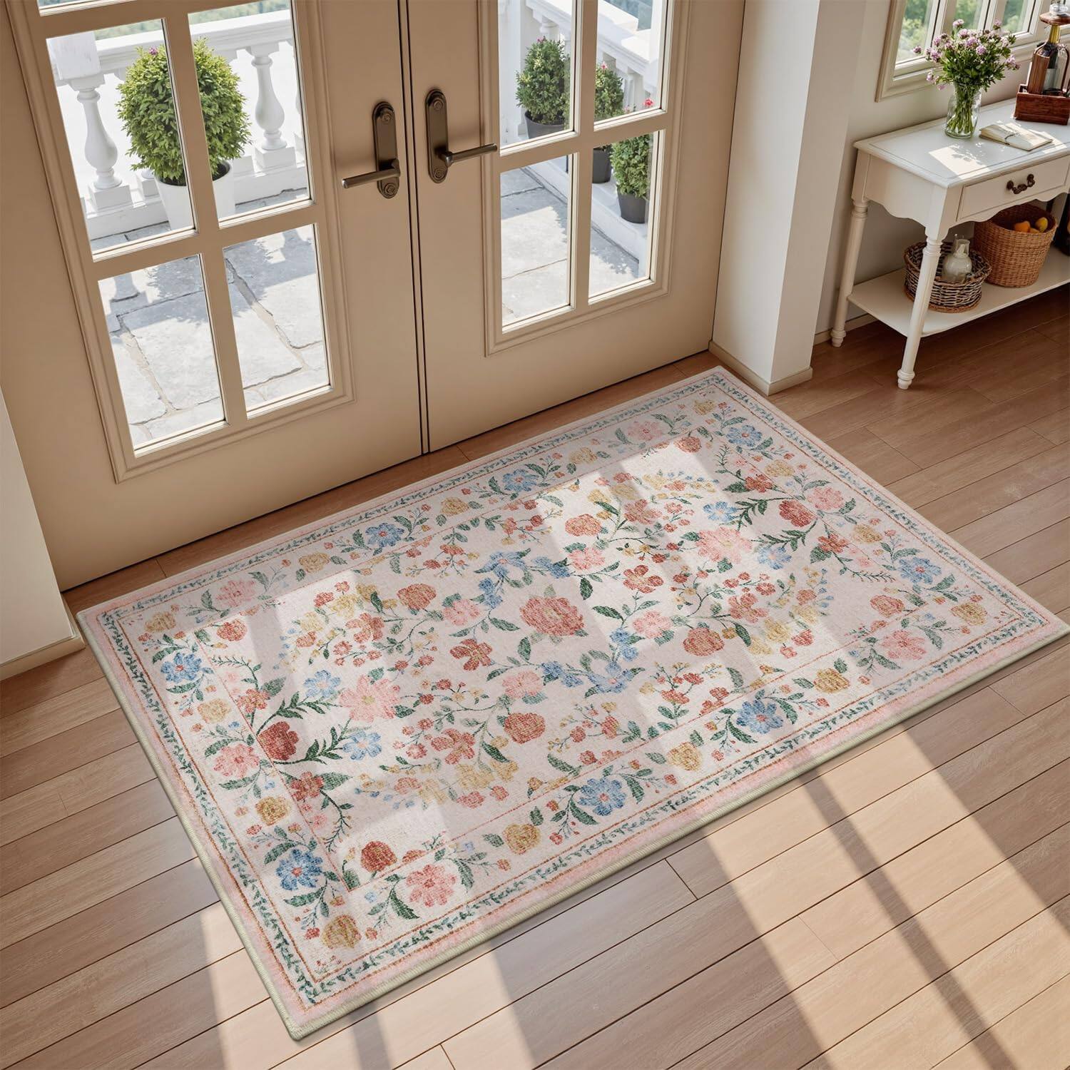 Fabibe - Vintage Floral 5x7 Area Rugs For Living Room Rug Machine Washable Non Slip Large Bedroom boho - Beige-5'x7'