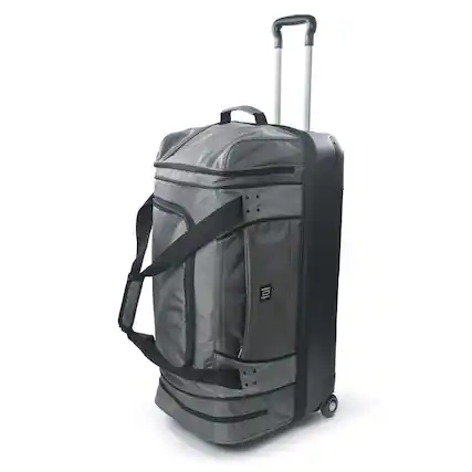 Front. Ful - Workhorse 30in Rolling Duffel Bag, Retractable Pull Handle, Split Level Storage - BLACK.