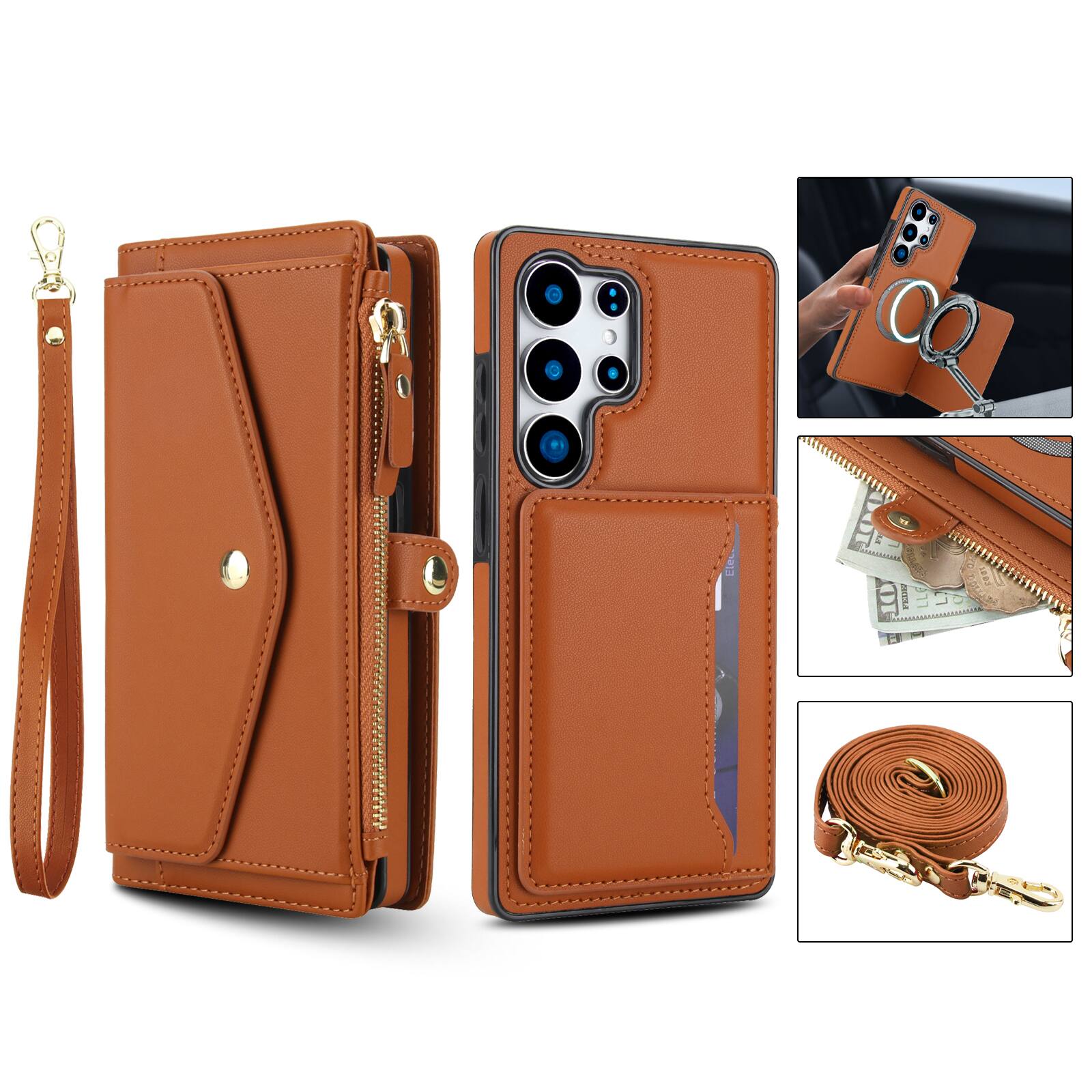 Alt View 5. Dteck - Crossbody RFID Blocking Zipper Wallet Card For Samsung Galaxy S25 Ultra Handbag Magnetic Stand Wrist Strap Case - Brown.