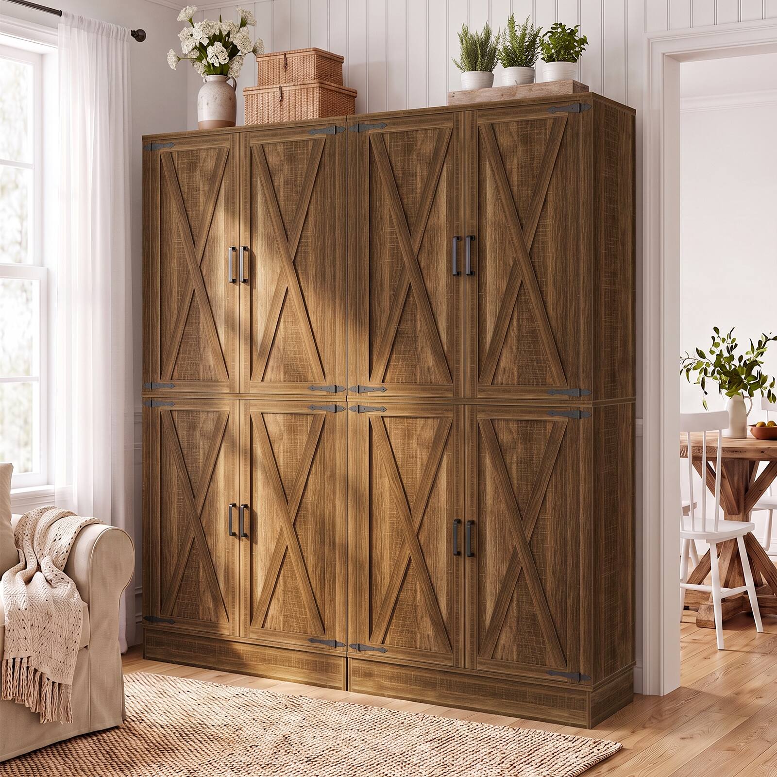 Alt View 3. Aheaplus - 70'' Tall Kitchen Pantry Cabinet with Drawer and Adjustable Shelves, 4 Barn Door Pantry for Dining, Kitchen - Weathered Brown.