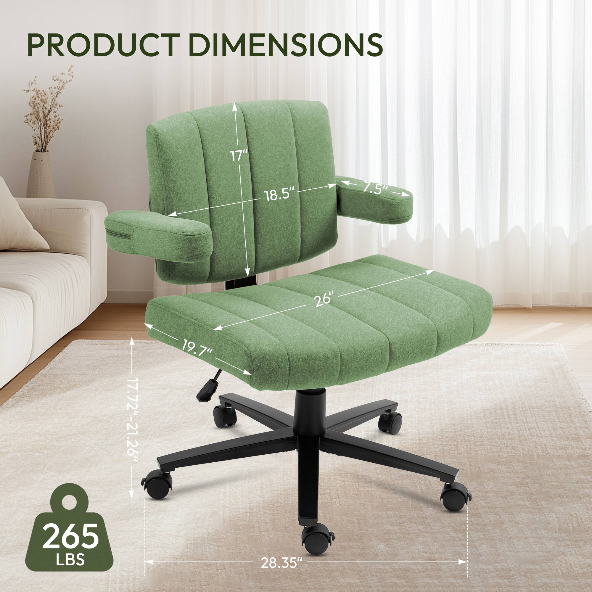 PRODUCT DIMENSIONS

- Width: 28.35"
- Depth: 17.72" - 21.26"
- Height: 19.7"
- Seat Height: 19.7"
- Back Height: 18.5"
- Armrest Height: 17"
- Seat Depth: 7.5"
- Weight Capacity: 265 LBS
