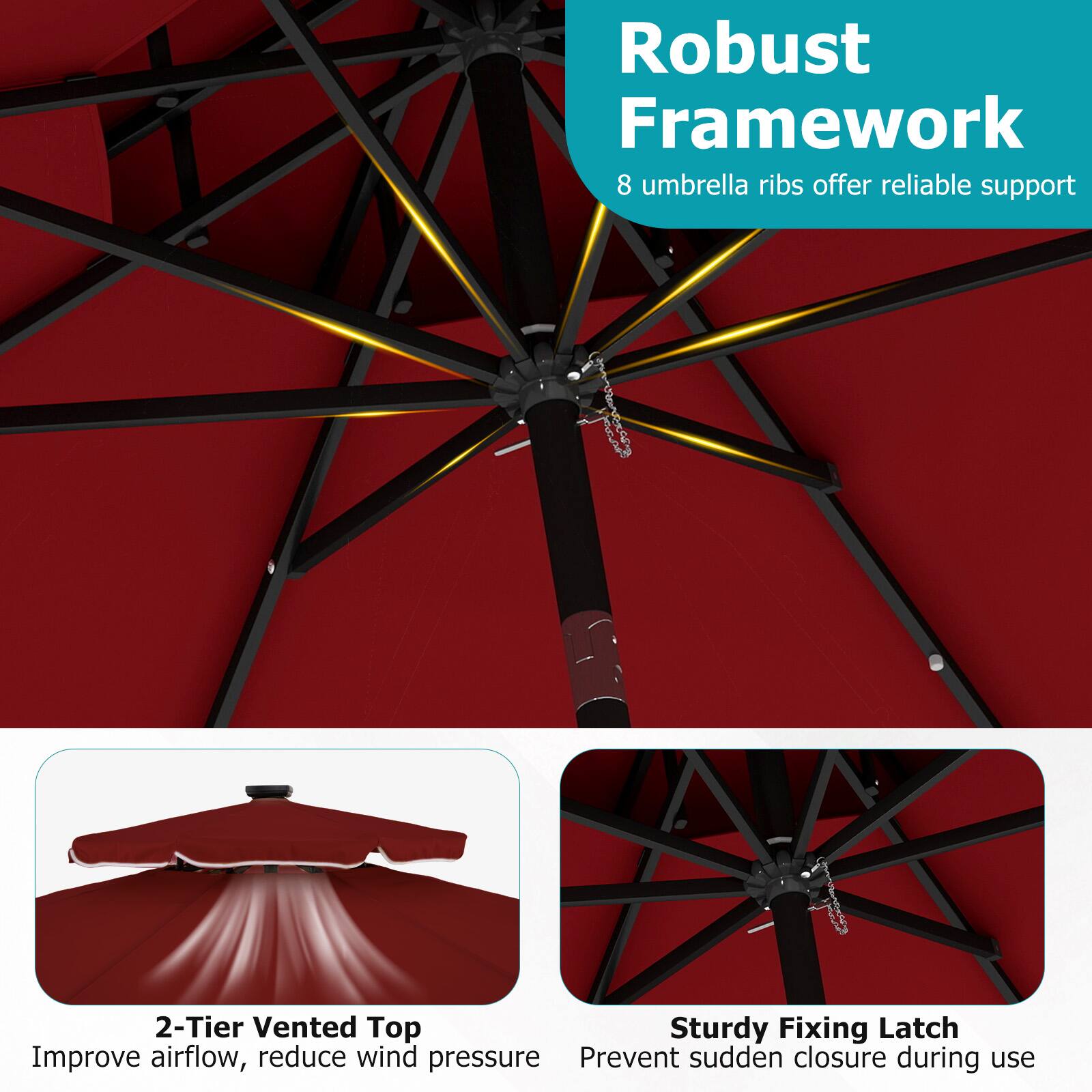 Robust Framework  
8 umbrella ribs offer reliable support

2-Tier Vented Top  
Improve airflow, reduce wind pressure

Sturdy Fixing Latch  
Prevent sudden closure during use