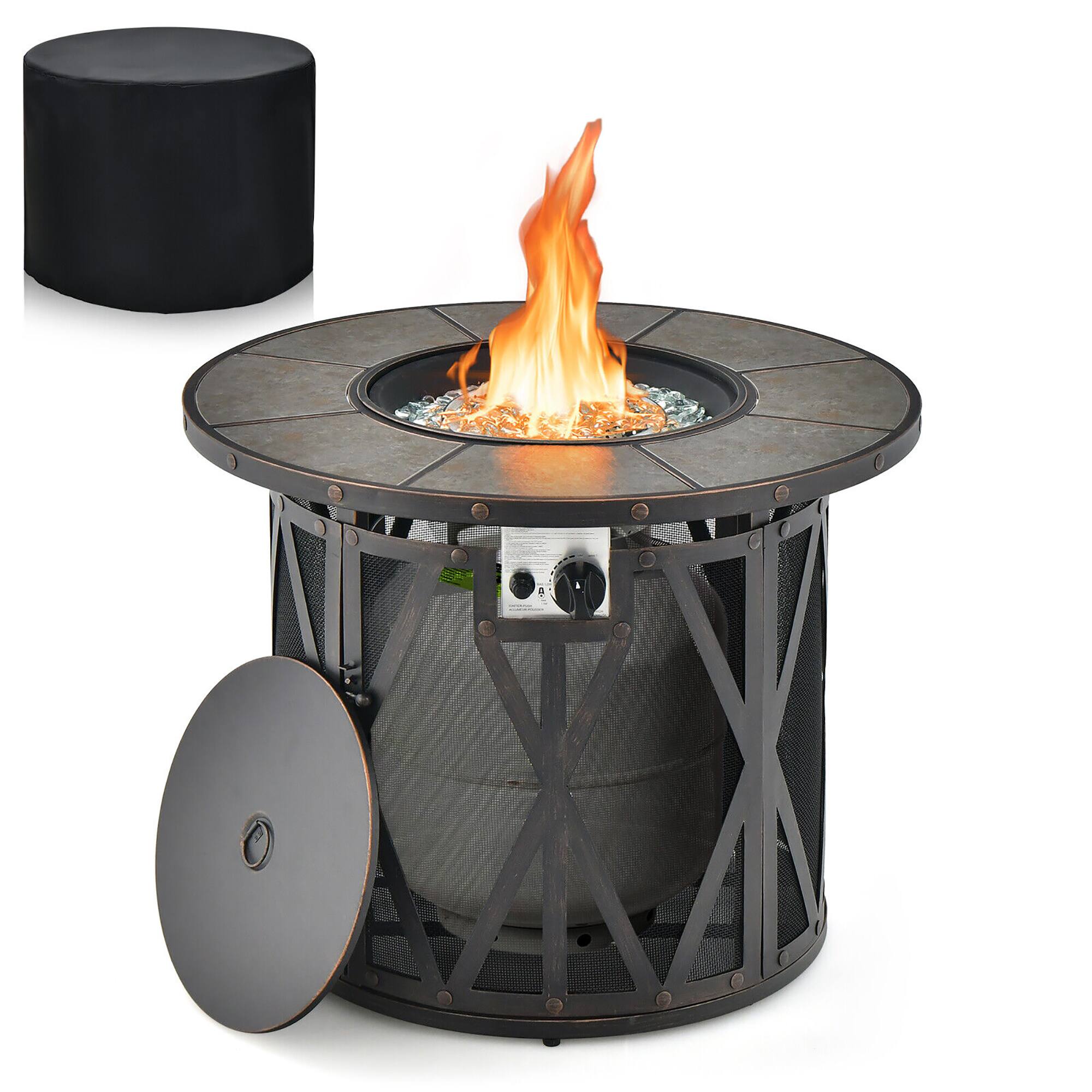 Front. Gymax - Gymax 32'' Patio Round Fire Pit Table 30,000 BTU Propane Gas Firepit w/ Fire Glasses - Black, Grey.