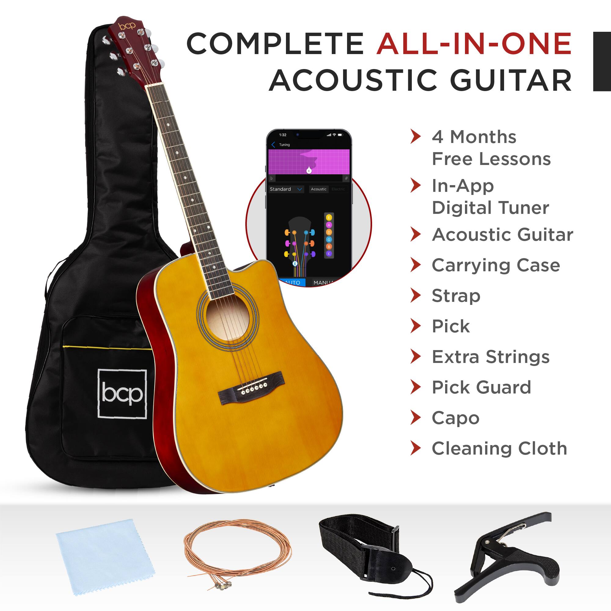 COMPLETE ALL-IN-ONE ACOUSTIC GUITAR

- 4 Months Free Lessons
- In-App Digital Tuner
- Acoustic Guitar
- Carrying Case
- Strap
- Pick
- Extra Strings
- Pick Guard
- Capo
- Cleaning Cloth