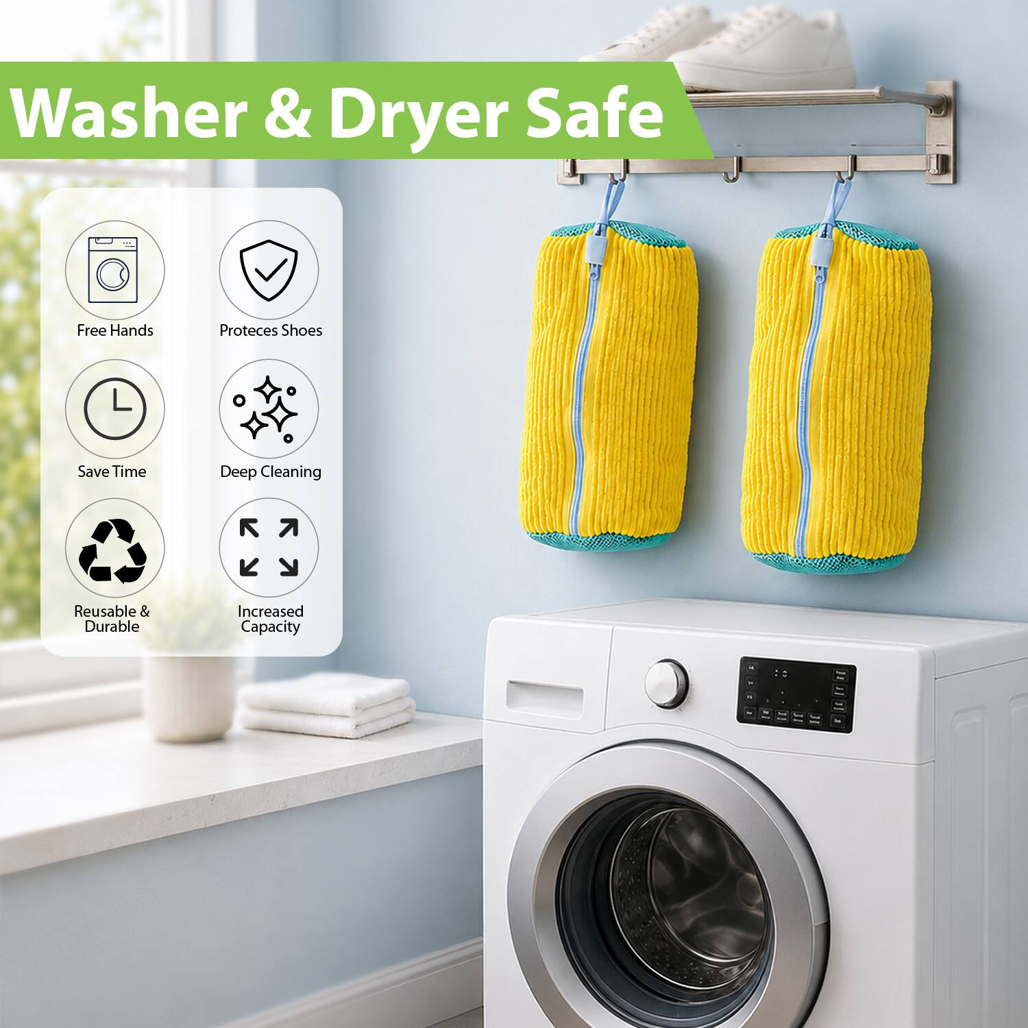 Washer & Dryer Safe

- Free Hands
- Protects Shoes
- Save Time
- Deep Cleaning
- Reusable & Durable
- Increased Capacity