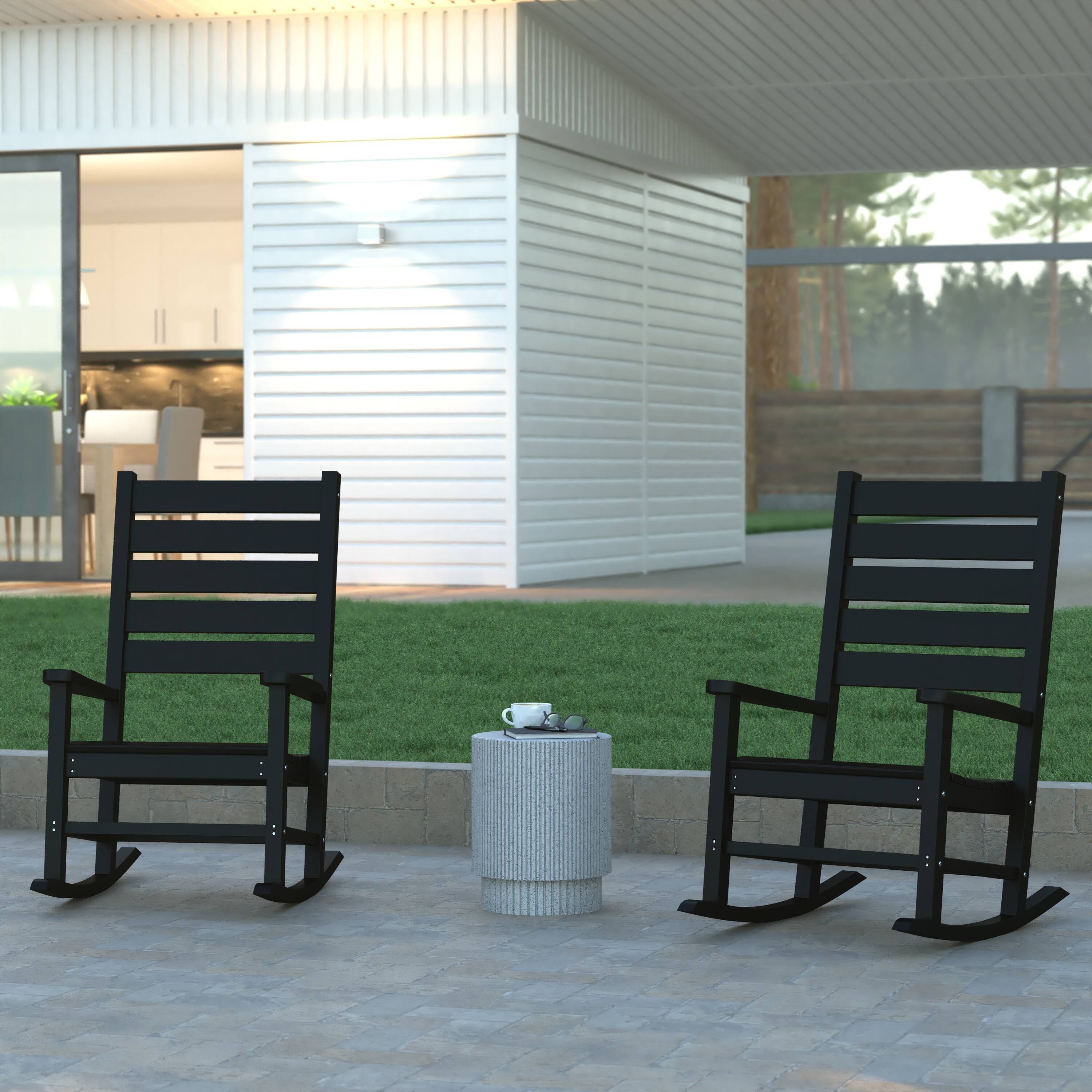 Alt View 2. Emma + Oliver - Florian Set of 2 Contemporary Rocking Chairs, All-Weather HDPE Indoor/Outdoor Rockers - Black.