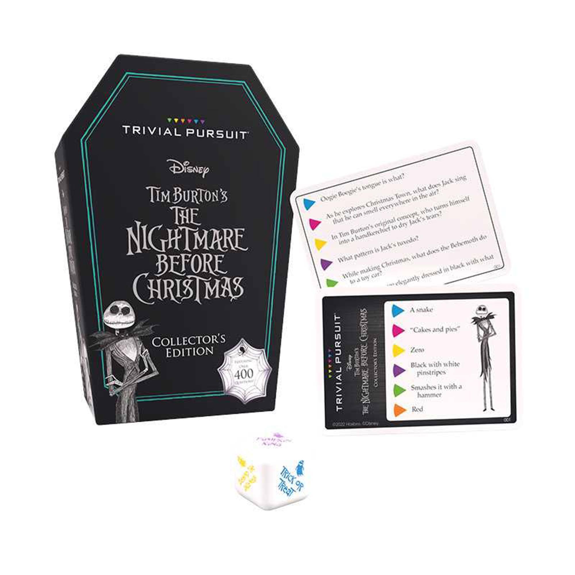 TRIVIAL PURSUIT  
Disney  
Tim Burton's The Nightmare Before Christmas  
Collector's Edition  
400  

Oogie Boogie's tongue is what?  
As he explores Christmas Town, what does Jack sing?  
In Tim Burton's original concept, what turns Jack himself into a handkerchief?  
What pattern does the Behemoth do?  
While making Christmas, what does the black with white pinstripes smash it with a hammer?  

A snake  
"Cakes and pies"  
Zeto  
Black with white pinstripes  
Red