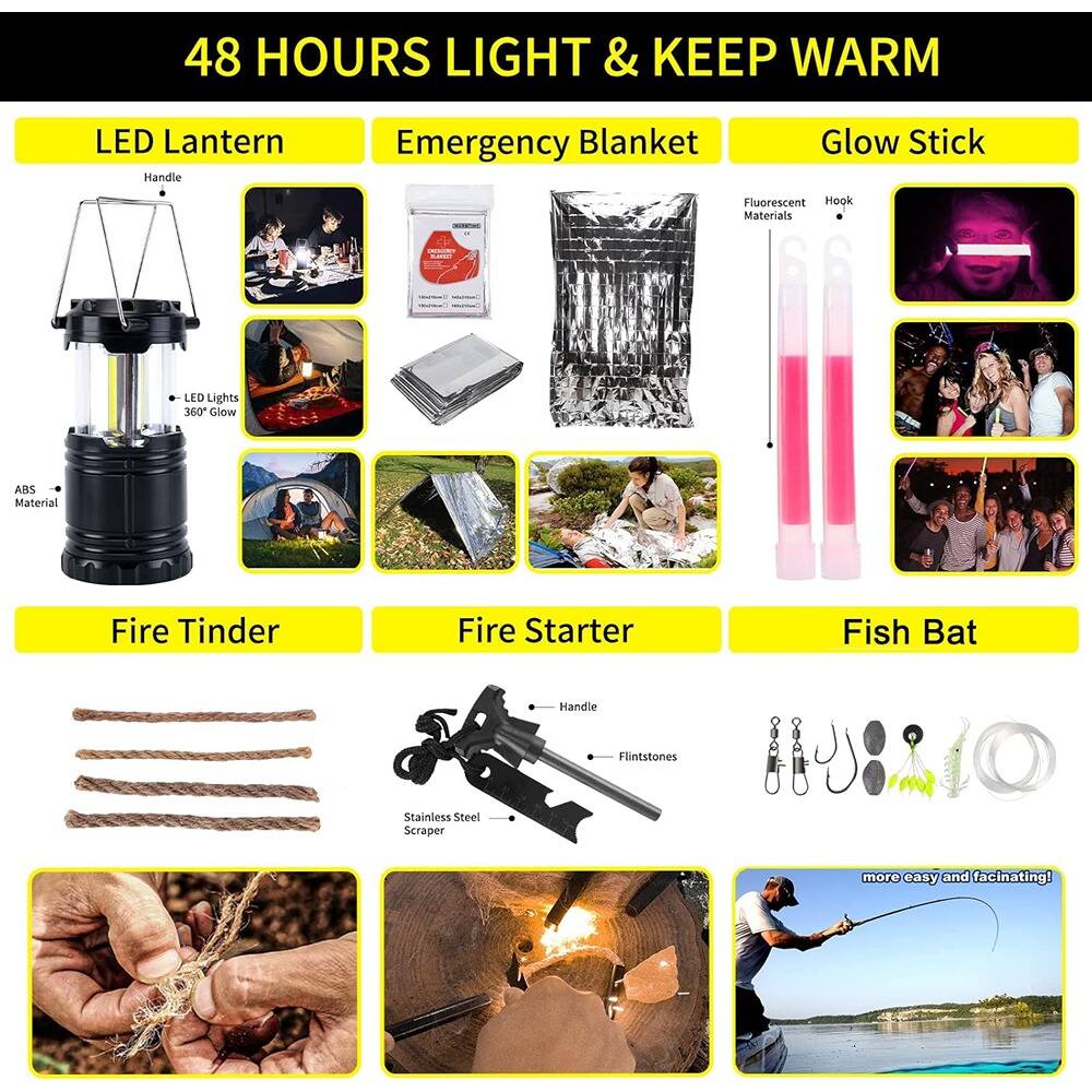 48 HOURS LIGHT & KEEP WARM

LED Lantern
- Handle
- LED Lights 360° Glow
- ABS Material

Emergency Blanket
- Fluorescent Hook Materials

Glow Stick

Fire Tinder

Fire Starter
- Handle
- Flintstones
- Stainless Steel Scraper

Fish Bat

more easy and fascinating!