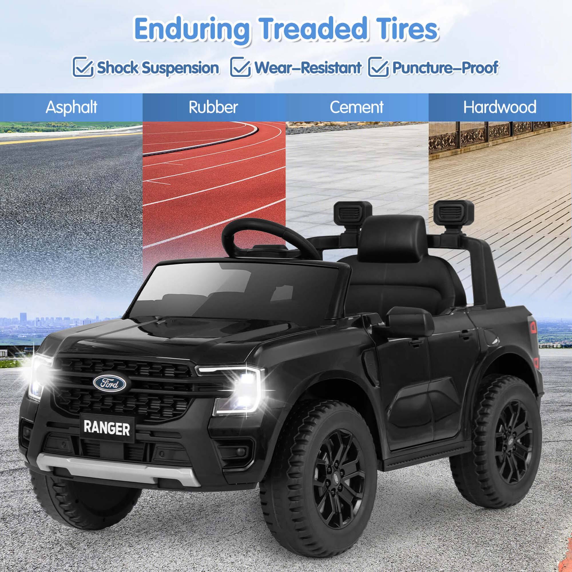 Enduring Treaded Tires  
Shock Suspension  
Wear-Resistant  
Puncture-Proof  

Asphalt  
Rubber  
Cement  
Hardwood  

Ford RANGER