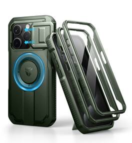 dexnor - iPhone 15 Pro Case with Slide Camera Cover & Adjustable Kickstand & Built-in Screen Protector - Army Green