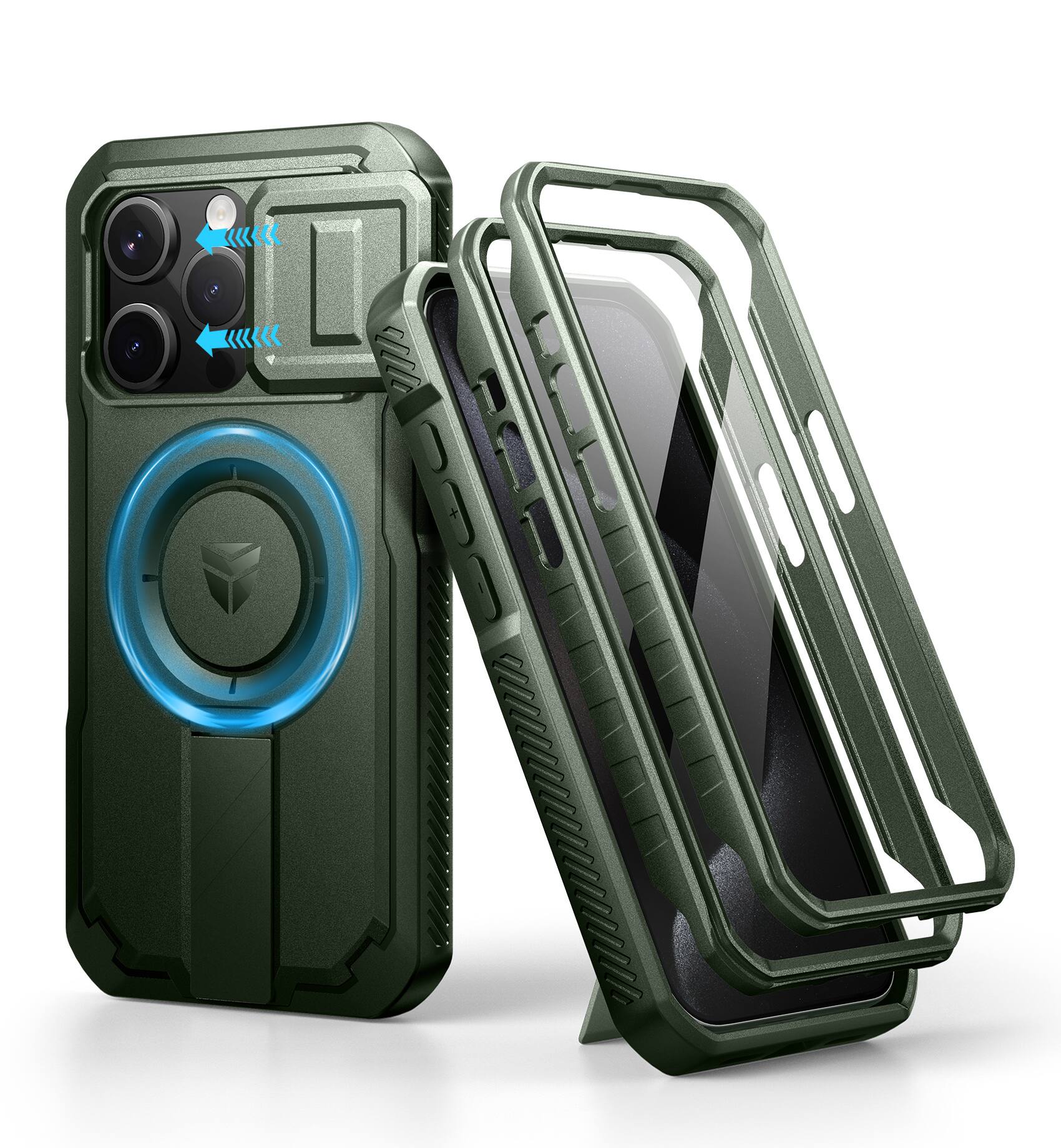dexnor - iPhone 15 Pro Case with Slide Camera Cover & Adjustable Kickstand & Built-in Screen Protector - Army Green