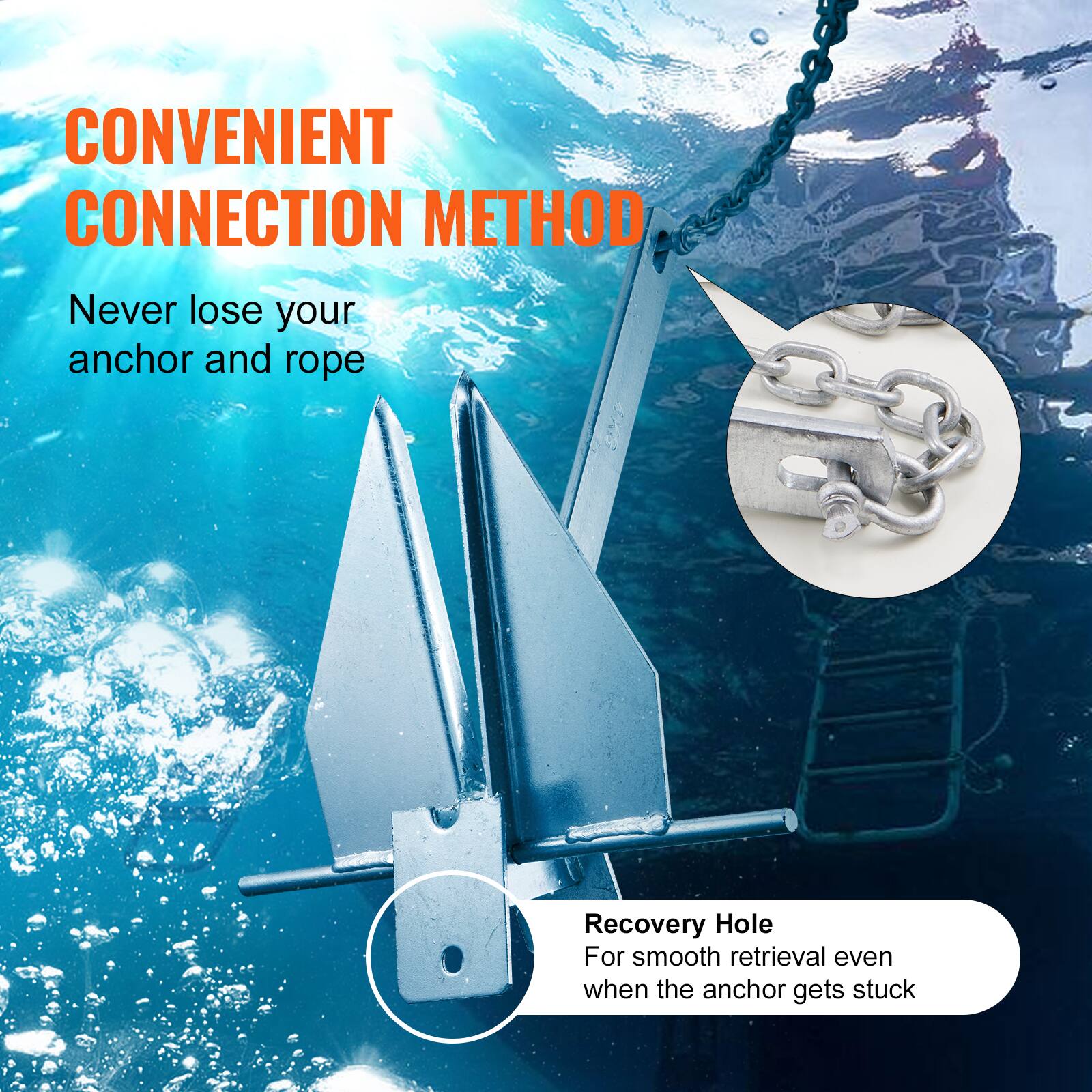 CONVENIENT CONNECTION METHOD  
Never lose your anchor and rope  

Recovery Hole  
For smooth retrieval even when the anchor gets stuck