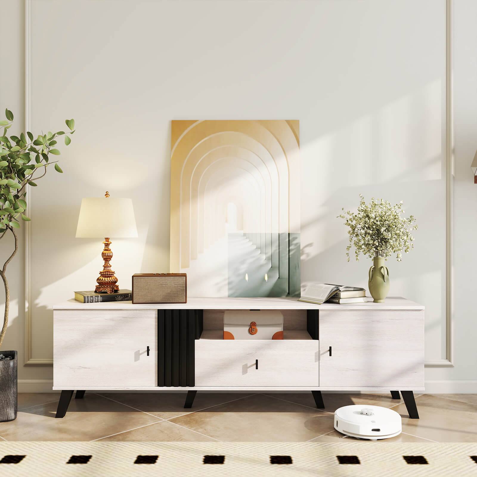 Alt View 1. Costway - Costway Mid Century Modern TV Stand for 80" TVs with Open Shelf 2 Side Cabinets - Oak + Black.