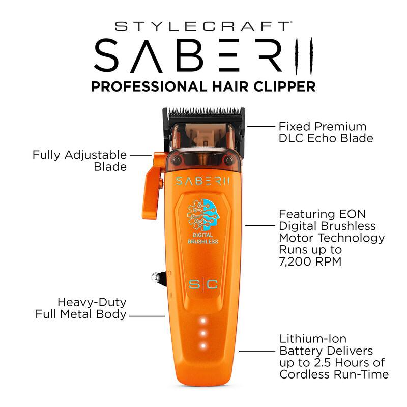STYLECRAFT SABER PROFESSIONAL HAIR CLIPPER

- Fully Adjustable Blade
- Fixed Premium DLC Echo Blade
- DIGITAL BRUSHLESS
- Featuring EON Digital Brushless Motor Technology Runs up to 7,200 RPM
- Heavy-Duty Full Metal Body
- Lithium-lon Battery Delivers up to 2.5 Hours of Cordless Run-Time