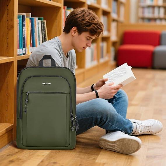 Alt View 3. mosiso - Laptop Backpack for Men, 15.6 inch Slim Lightweight Computer Bag, Waterproof Work & Travel Daypack with Luggage Strap - Army Green.